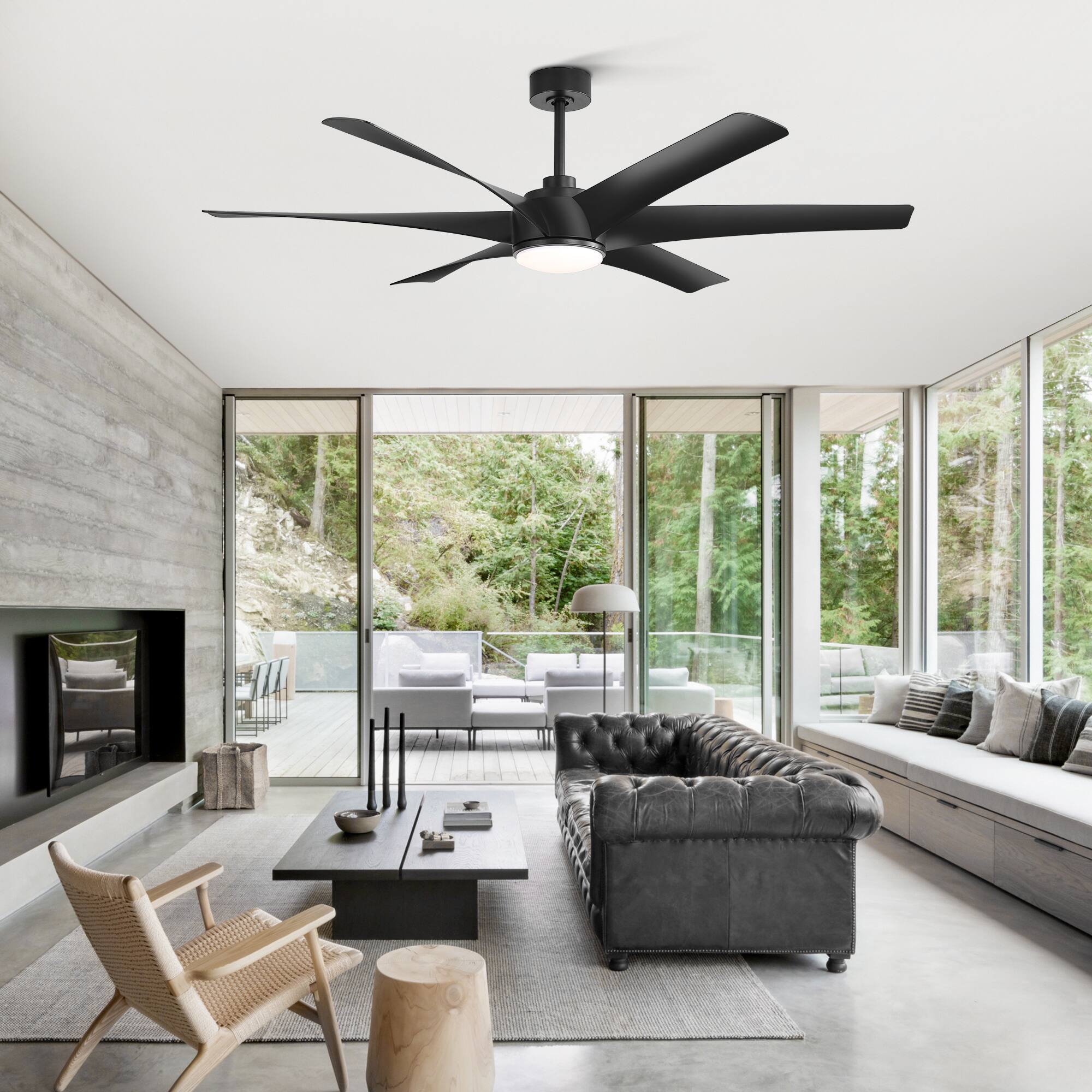 Back. Breezary - 65" Large Indoor Ceiling Fan with Remote Control, 6 ABS Blades, 6-Speed DC Motor, 7"/12" Downrods, Light/No Light Option - Matte Black (With Light).