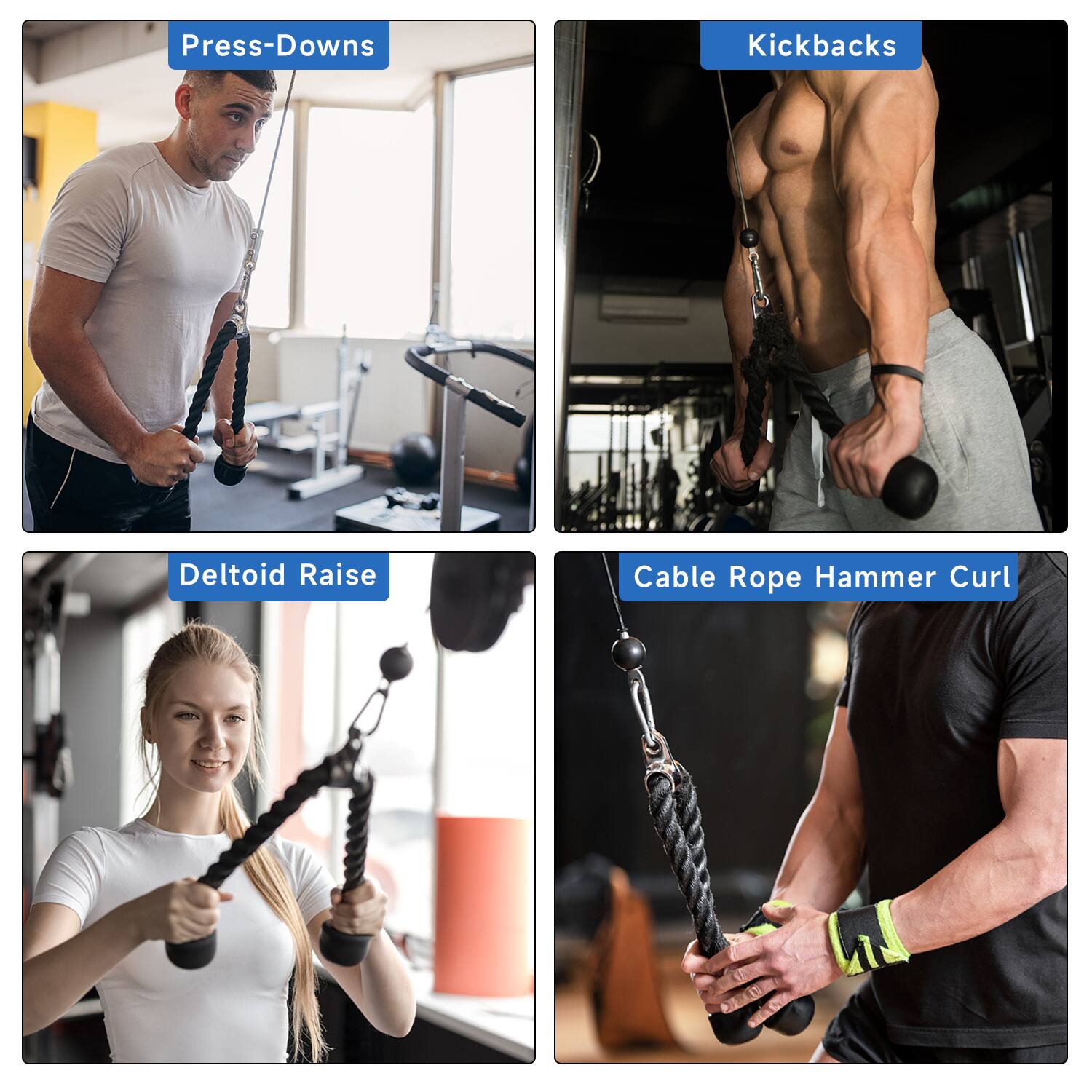 Press-Downs, Kickbacks, Deltoid Raise, Cable Rope Hammer Curl
