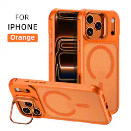 Dteck - Magnetic Case for Apple iPhone 17 Pro Max Built-in Camera Lens Kickstand, Frosted Shockproof Hybrid Protective Cover - Orange