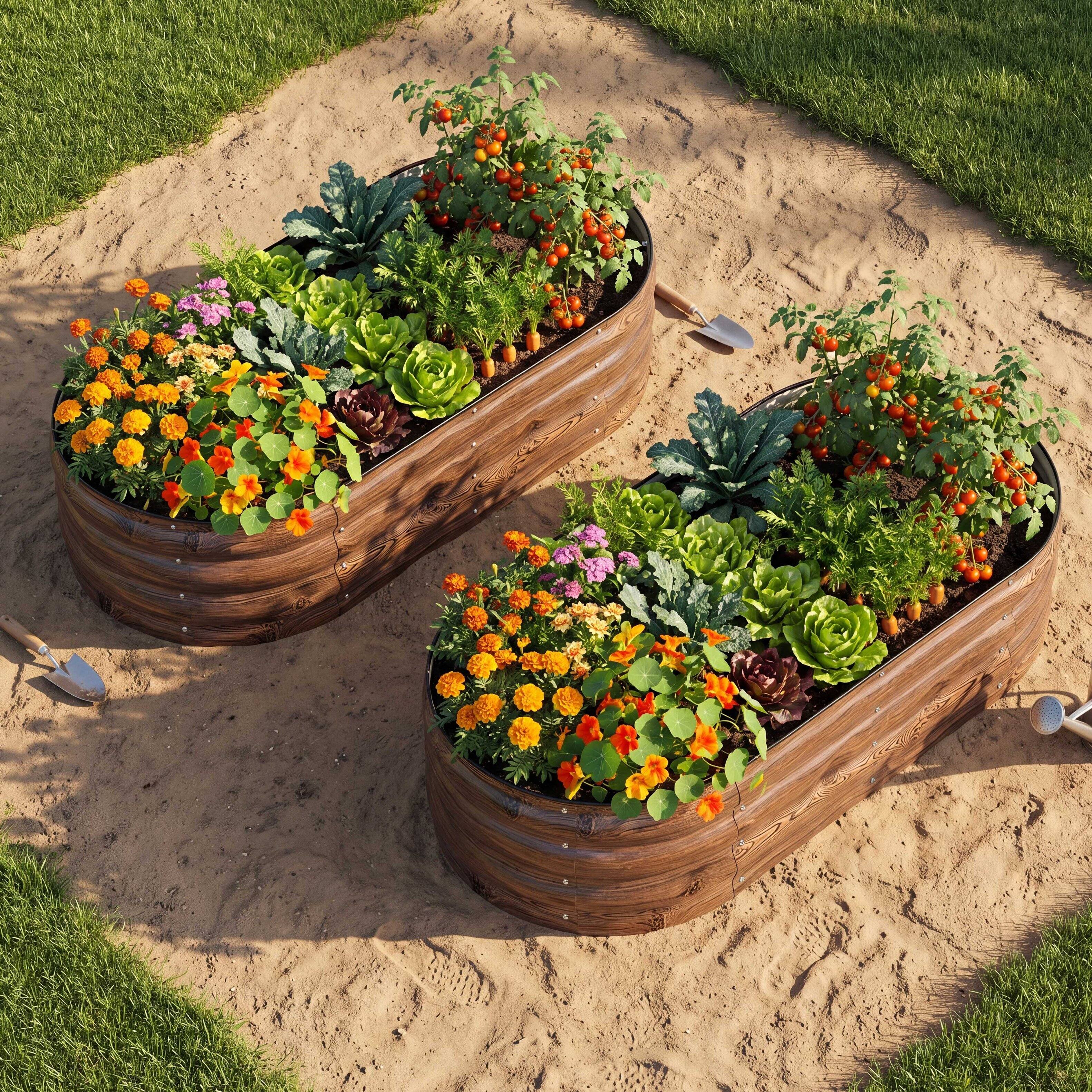 Left. Nuu Garden - Galvanized 4x2x1ft Planter Garden Box Outdoor, Oval Raised Garden Bed - Brown (2 PCS).