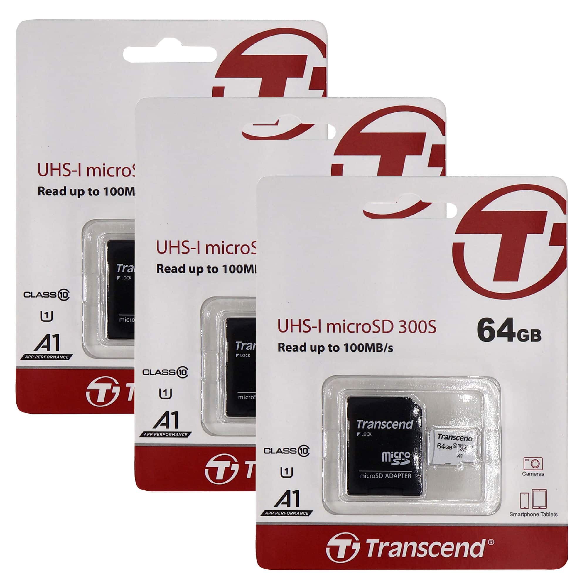 3-Pack Transcend 64GB 300S UHS-I microSD-PackC Memory Card with SD Adapter