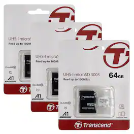 3-Pack Transcend 64GB 300S UHS-I microSD-PackC Memory Card with SD Adapter