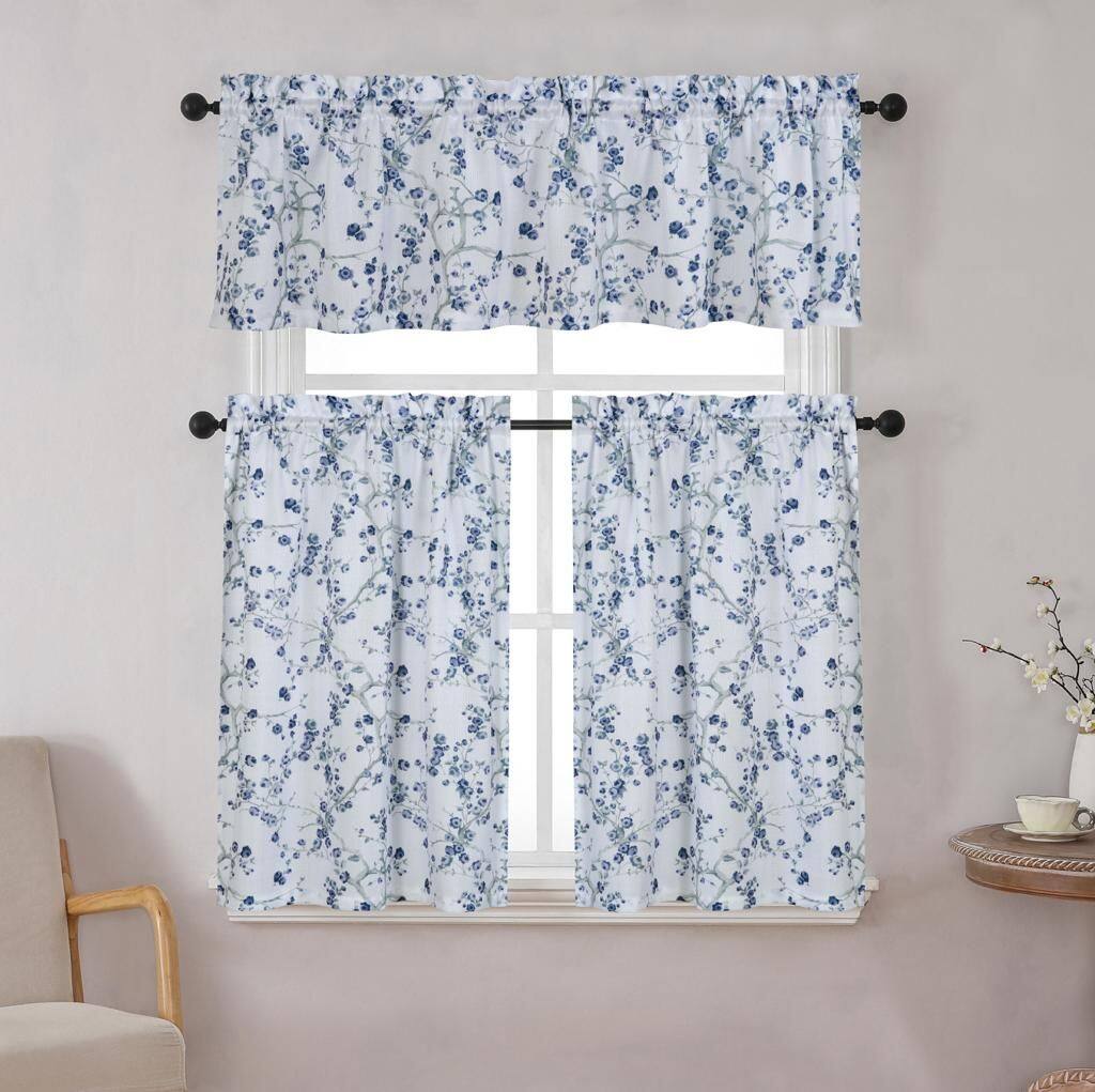 Front. Kate Aurora - Kate Aurora Complete 3 Piece Rod Pocket Cherry Blossom Cafe Kitchen Curtain Tier & Valance Set - Blue - Blue.