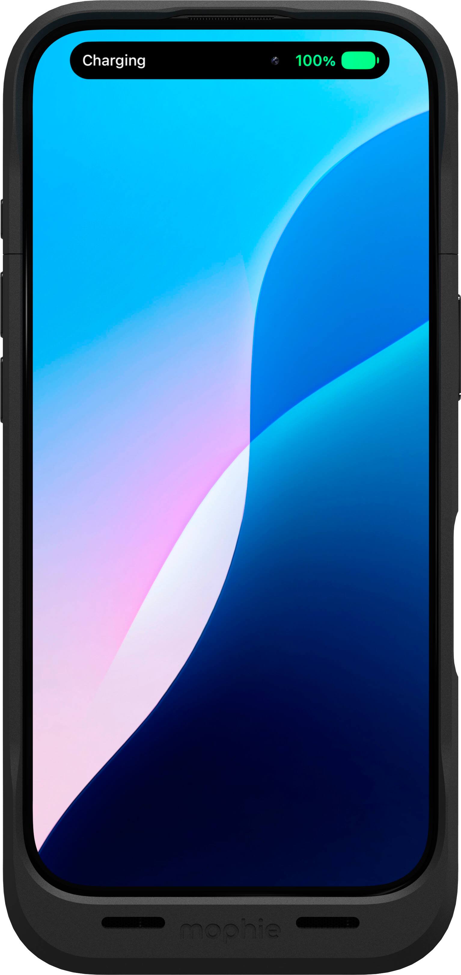 The text on the image reads "Charging 100% mophie". This suggests that the phone is being charged using a Mophie charger, and it is currently at 100% battery level.