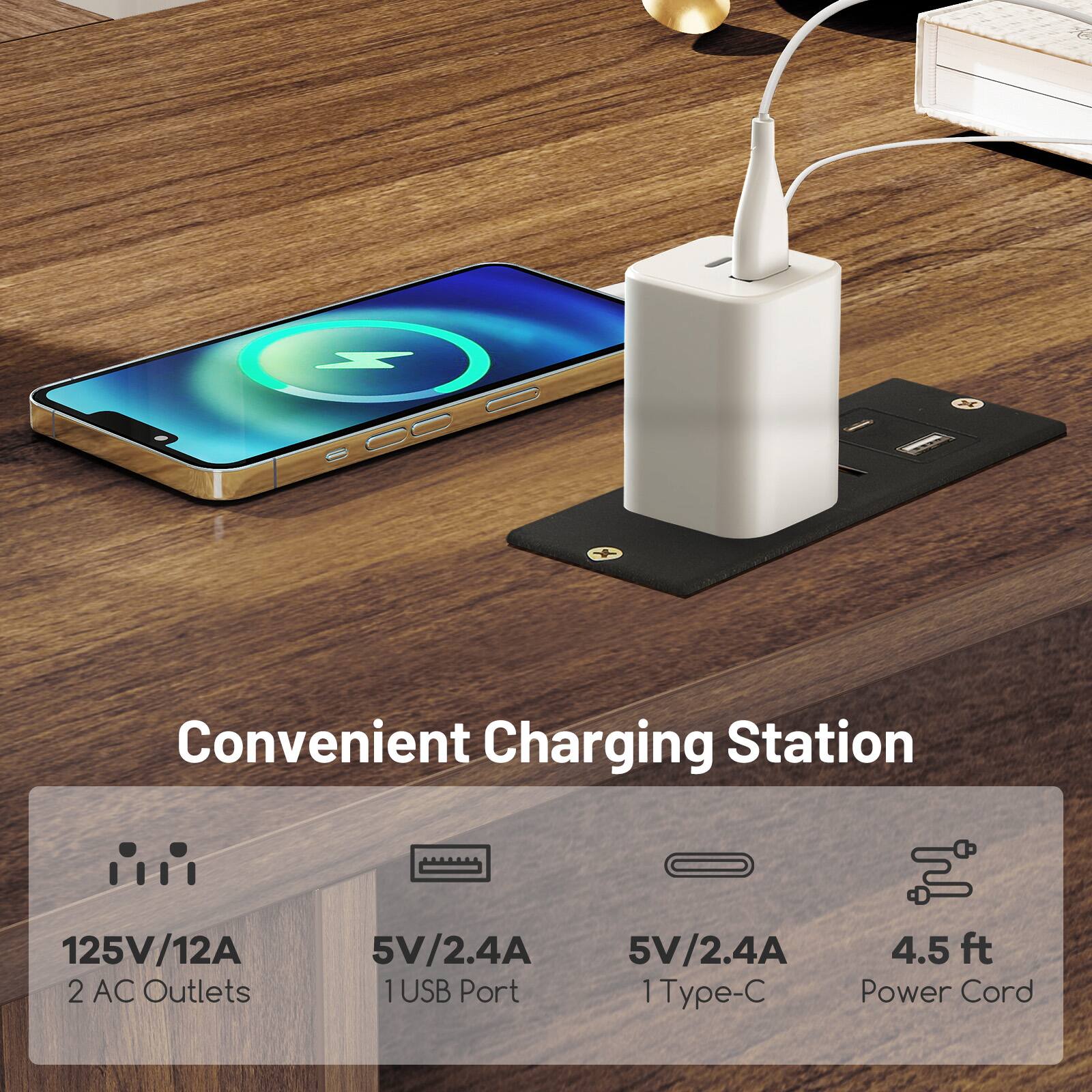 Convenient Charging Station

- 125V/12A
- 2 AC Outlets
- 5V/2.4A 1 USB Port
- 5V/2.4A 1 Type-C
- 4.5 ft Power Cord