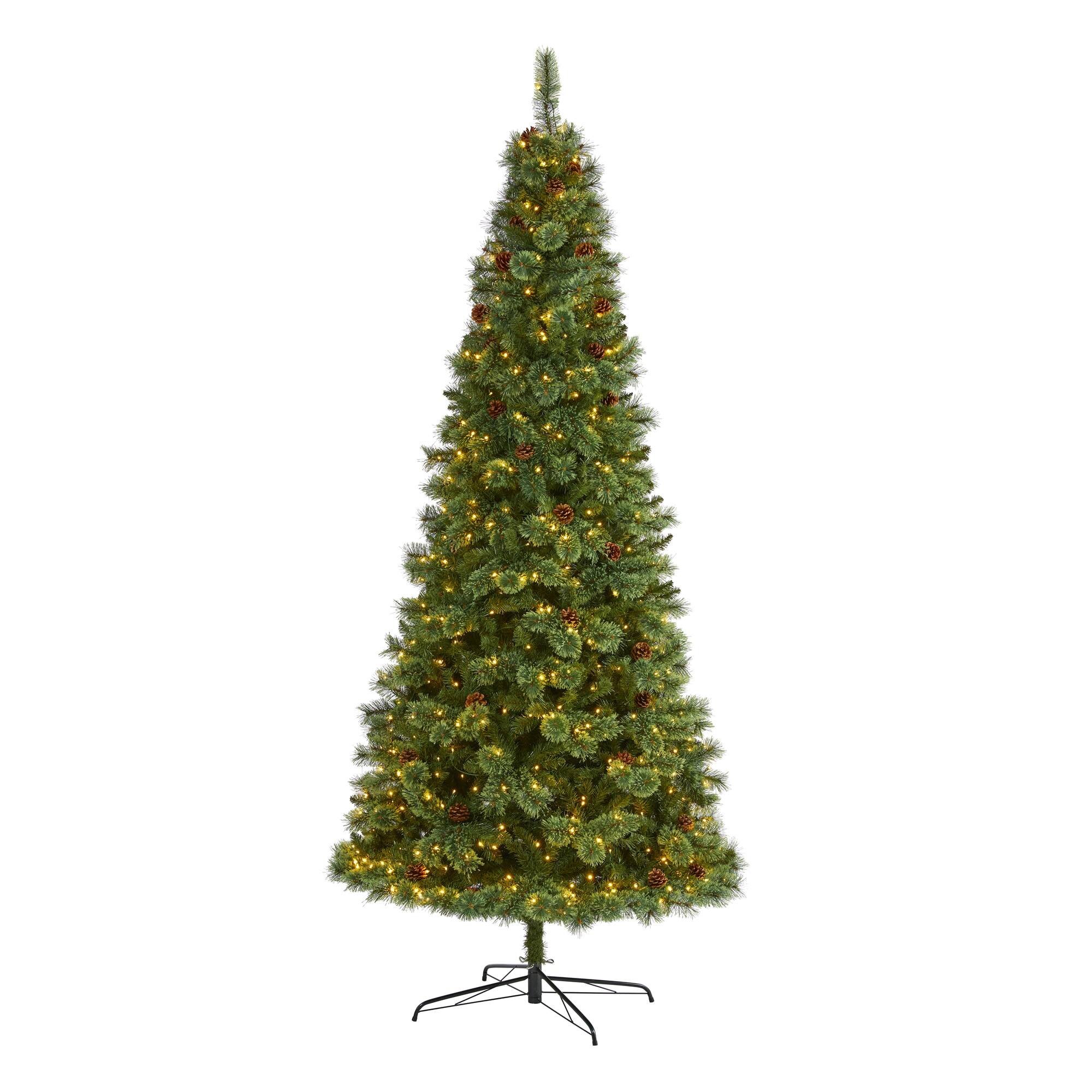 Front. BreeBe - 9’ White Mountain Pine Christmas Tree 650 LEDs & Pine Cones - Brown, Green.