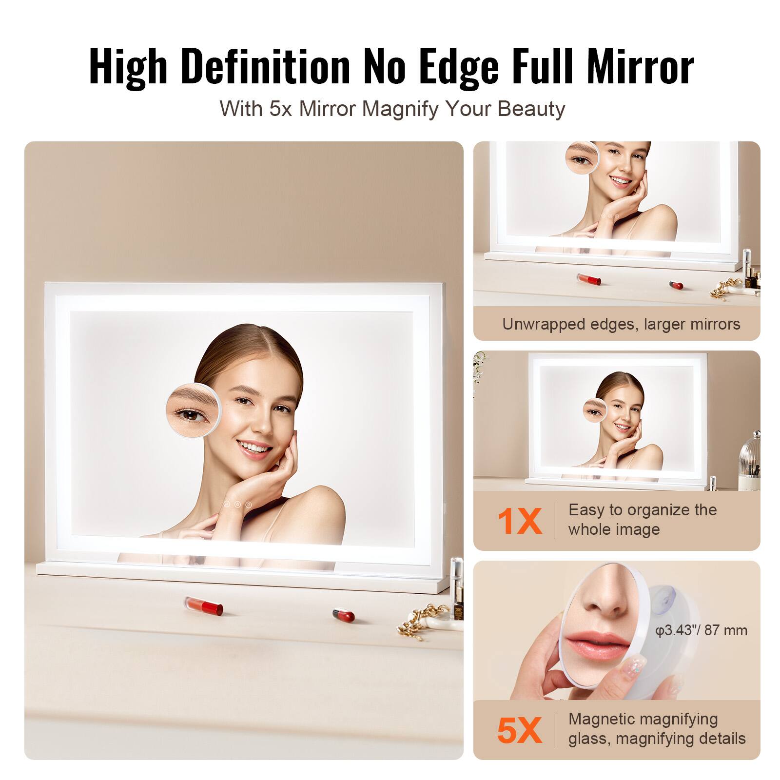 High Definition No Edge Full Mirror  
With 5x Mirror Magnify Your Beauty  

Unwrapped edges, larger mirrors  

1X  
Easy to organize the whole image  

5X  
Magnetic magnifying glass, magnifying details  

Ø3.43" 87 mm