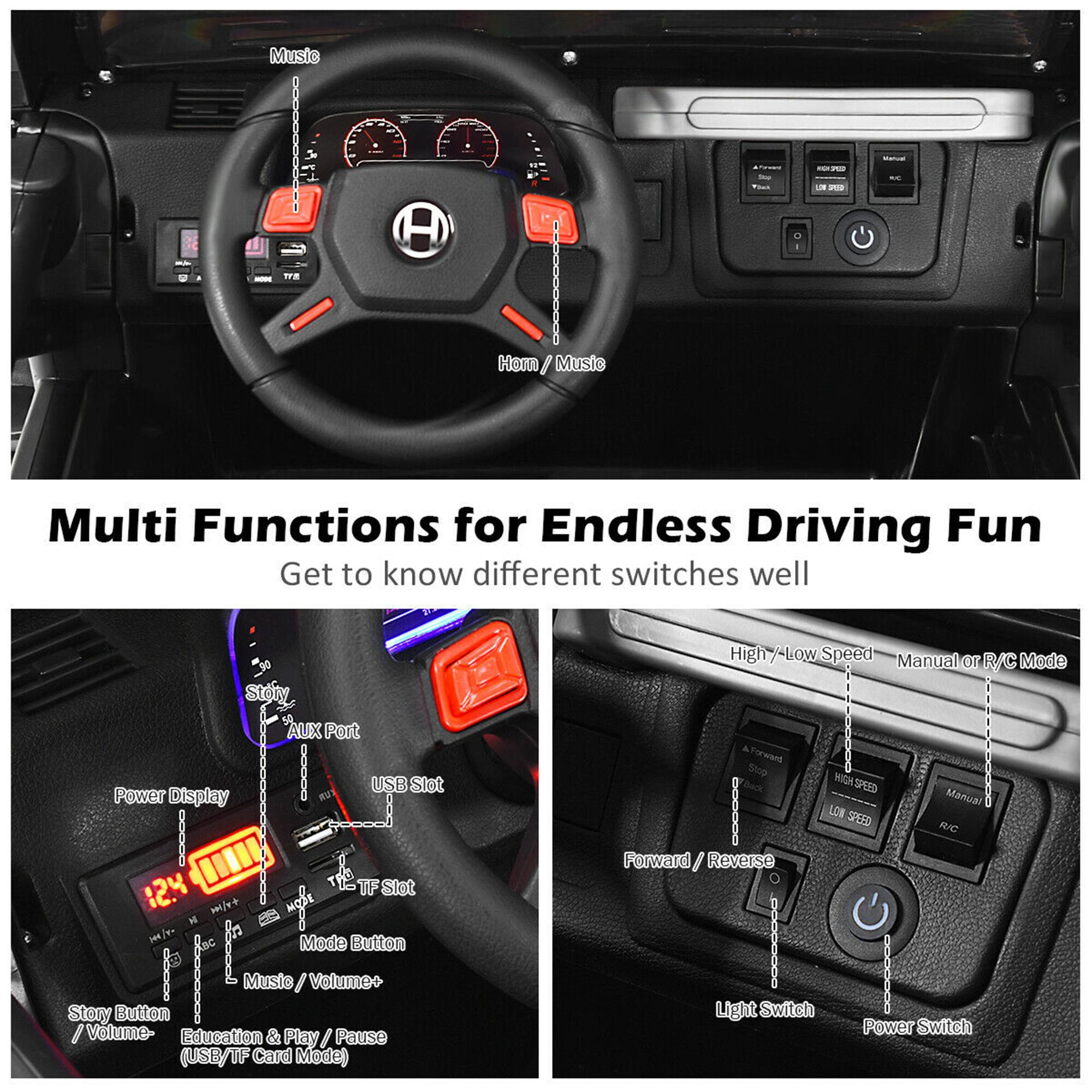 Multi Functions for Endless Driving Fun  
Get to know different switches well  

- Music  
- Hom / Music  

- Story Button / Volume-  
- Education & Play / Pause (USB/TF Card Mode)  
- Music / Volume+  
- Mode Button  
- Power Display  
- USB Slot  
- TF Slot  
- AUX Port  

- High-/Low Speed  
- Manual or R/C Mode  
- Forward / Reverse  
- Light Switch  
- Power Switch  

- 12.4 UF Slot  
- Made Button  
- Velumeo Story Button / Volume-  
- Education & Play / Pause (USB/TF Card Mode)  
- Forward / Reverse  
- Light Switch  
- Power Switch