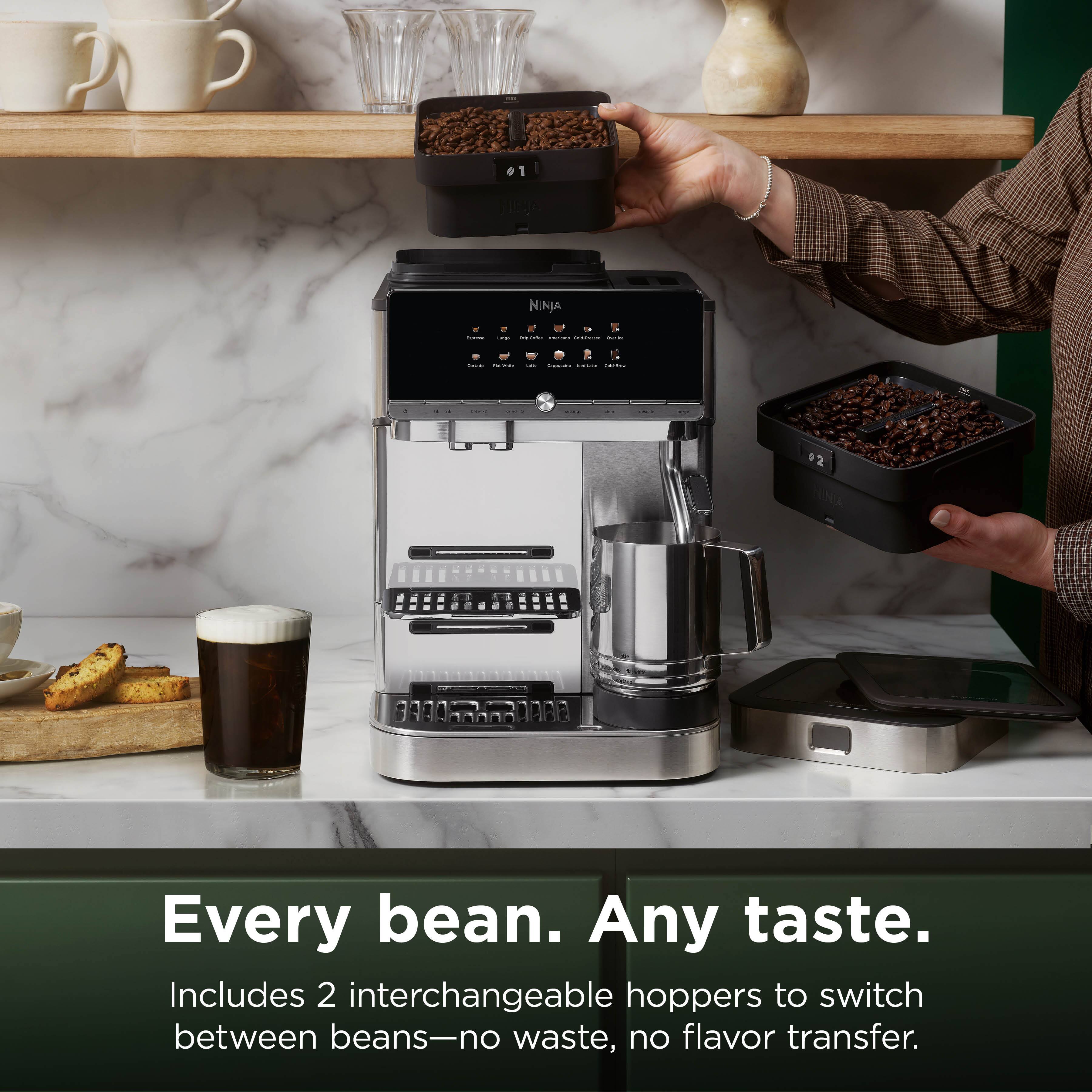 Every bean. Any taste. Includes 2 interchangeable hoppers to switch between beans—no waste, no flavor transfer.