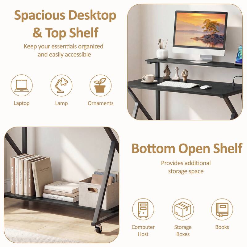 Spacious Desktop & Top Shelf  
Keep your essentials organized and easily accessible  
Laptop Lamp Ornaments  

Bottom Open Shelf  
Provides additional storage space  
Computer Host Storage Boxes Books