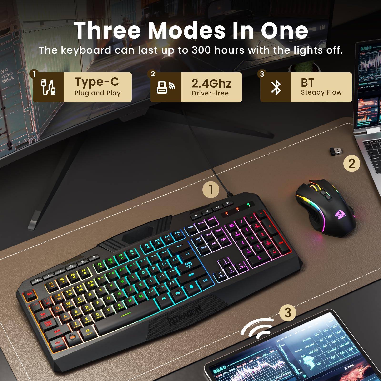Three Modes In One

The keyboard can last up to 300 hours with the lights off.

1. Type-C
   - Plug and Play

2. 2.4Ghz
   - Driver-free

3. BT
   - Steady Flow