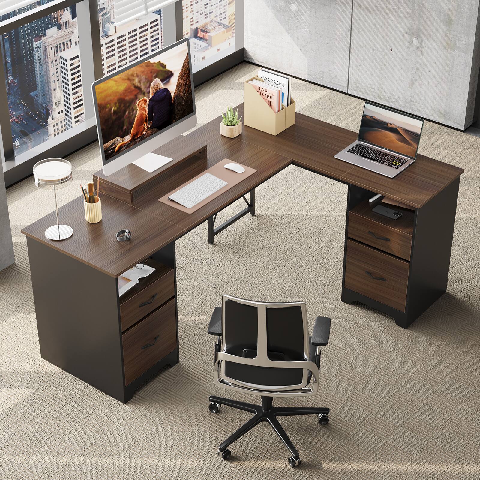 Bestier - 63inch L-Shaped Gomputer Desk with Two File and Storage Drawers Corner Executive Desk for Home Office - Cherry