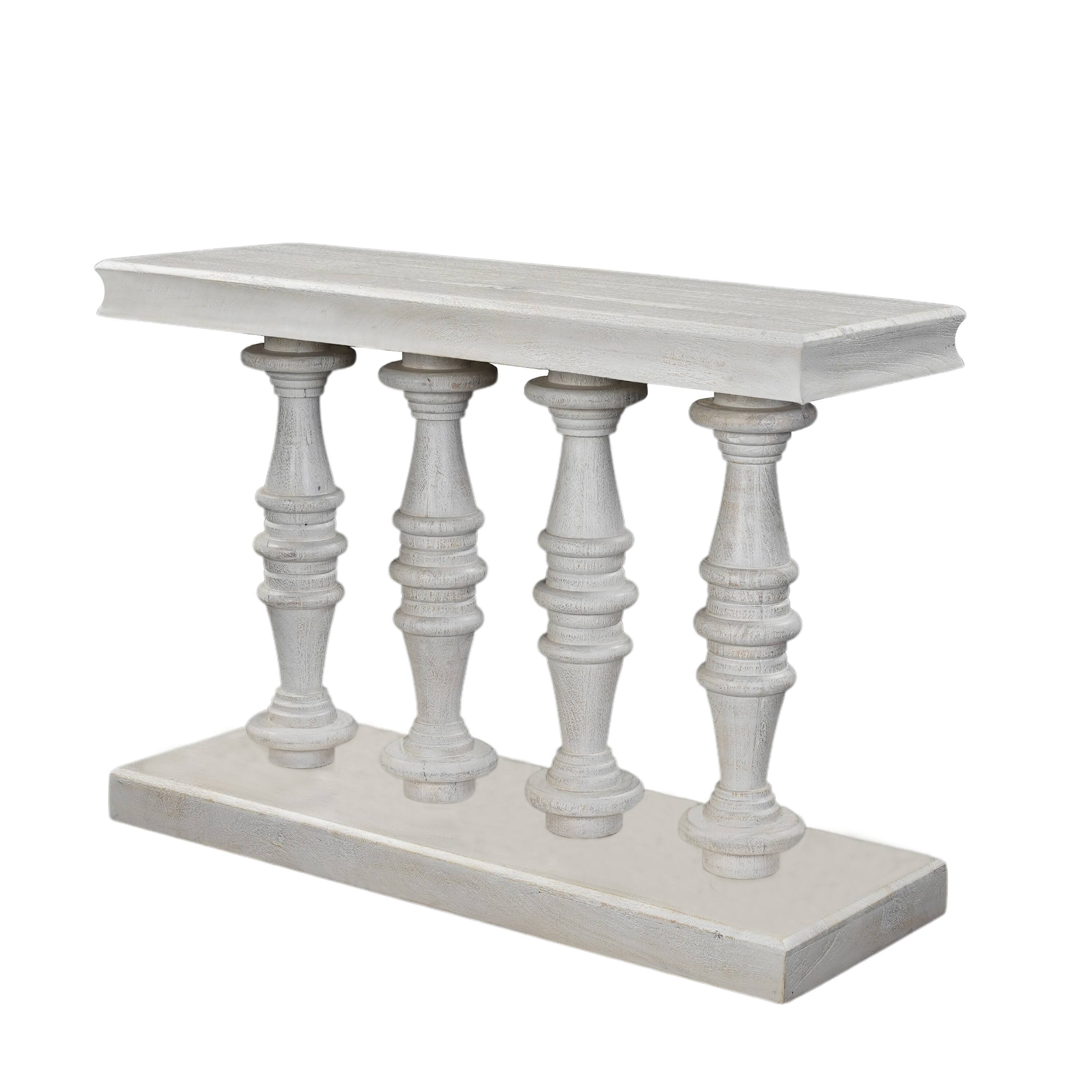 Angle. Manhattan Lane - Console Table, 42-Inch Mango Wood Top, Shabby Chic Finish, Turned Pillar Legs - Sandblasted Washed White.