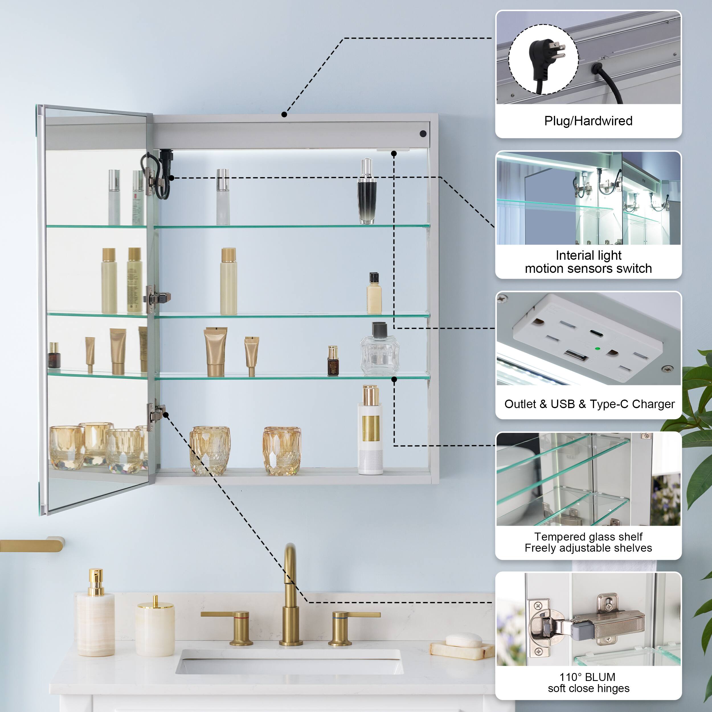 Plug/Hardwired  
Intral light motion sensors switch  
Outlet & USB & Type-C Charger  
Tempered glass shelf  
Freely adjustable shelves  
110° BLUM soft close hinges