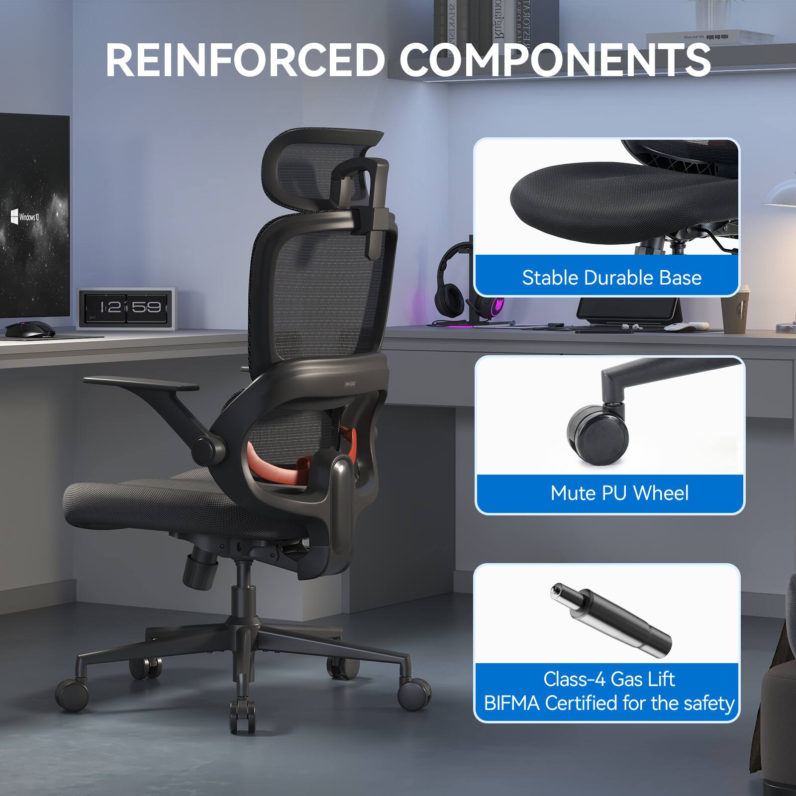 Rugiano PALENVE ESTORAT

REINFORCED COMPONENTS

- Stable Durable Base
- Mute PU Wheel
- Class-4 Gas Lift
- BIFMA Certified for the safety