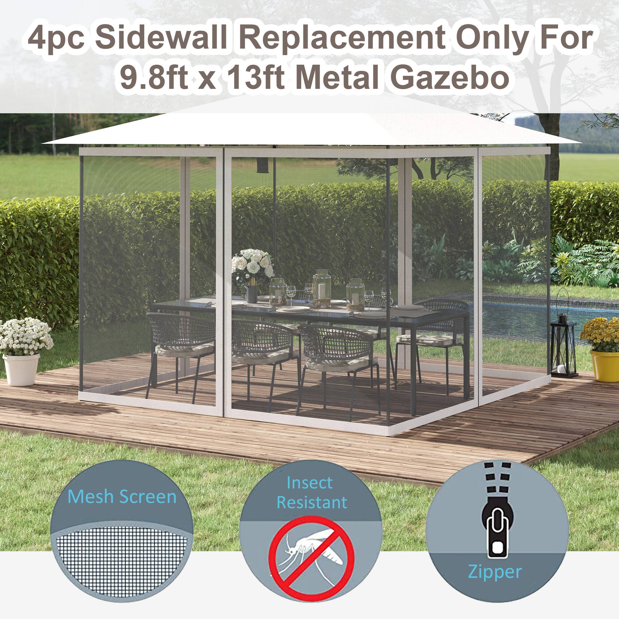 4pc Sidewall Replacement Only For 9.8ft X 13ft Metal Gazebo, Mesh Screen, Insect Resistant, Zipper
