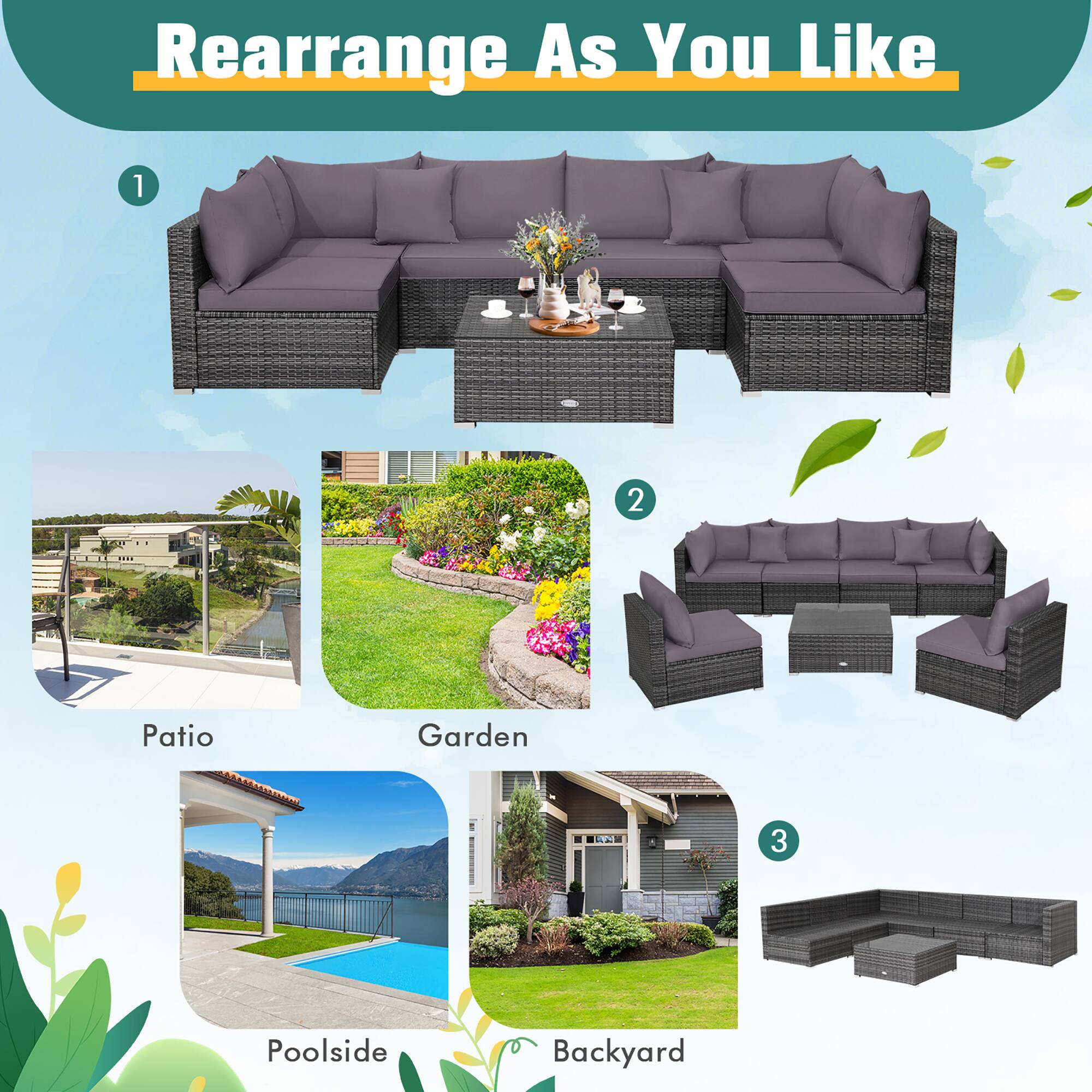 Rearrange As You Like:

1. Patio
2. Garden
3. Poolside
4. Backyard