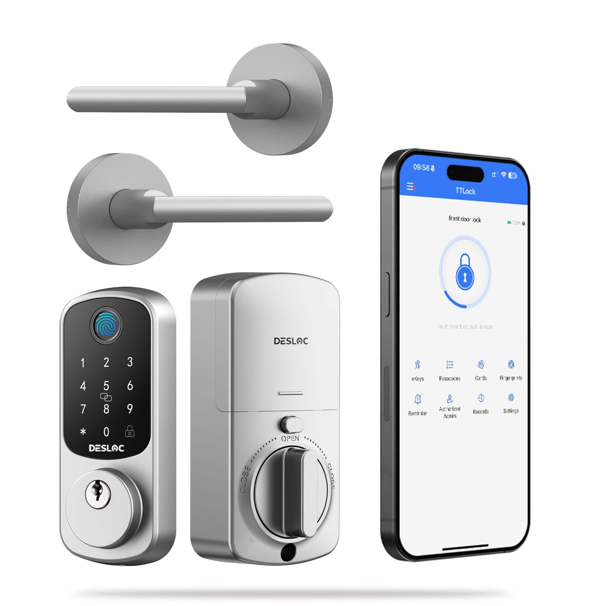 DESLOC - B200 Smart Lock Keyless Entry Fingerprint Deadbolt with Handle/Lever Set, Front Door Replacement, Bluetooth App - Silver - Circle Lever