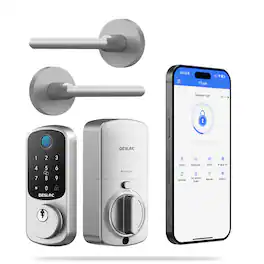 DESLOC - B200 Smart Lock Keyless Entry Fingerprint Deadbolt with Handle/Lever Set, Front Door Replacement, Bluetooth App - Silver - Circle Lever