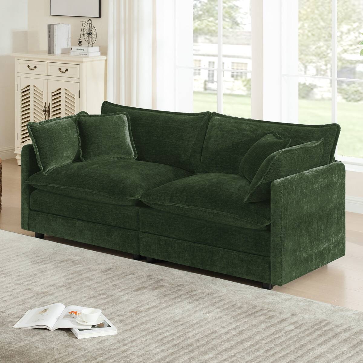 Front. Ropilly - Ropilly Green Chenille Loveseat Sofa, Deep Seat Two Seat Couch with Four Pillows - Green.