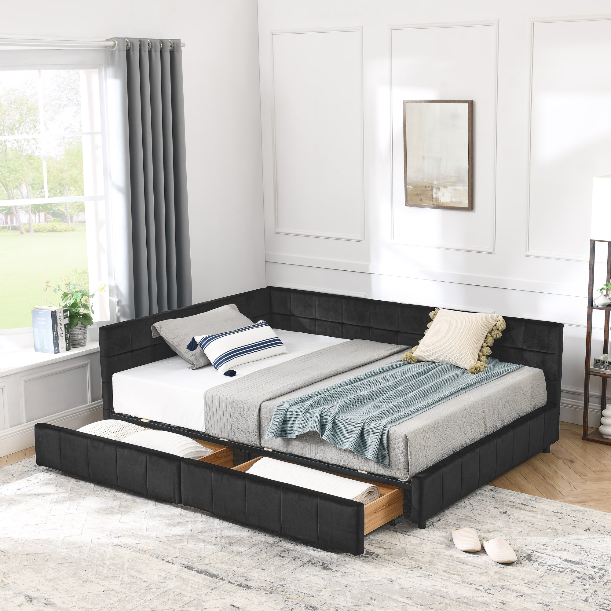 Anysun - Full Size Velvet Tufted Storage Bed Frame - Sofa Bed with Backrest & Armrests for Bedroom or Living Room - Black