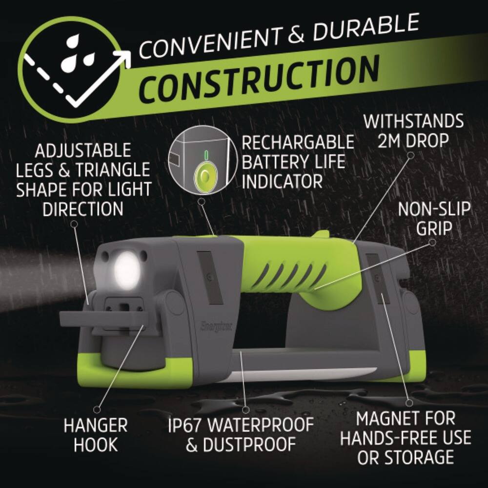 - Convenient & Durable Construction
- Adjustable Legs & Triangle Shape for Light Direction
- Rechargeable Battery Life Indicator
- Withstands 2M Drop
- Non-Slip Grip
- Hanger Hook
- IP67 Waterproof & Dustproof
- Magnet for Hands-Free Use or Storage