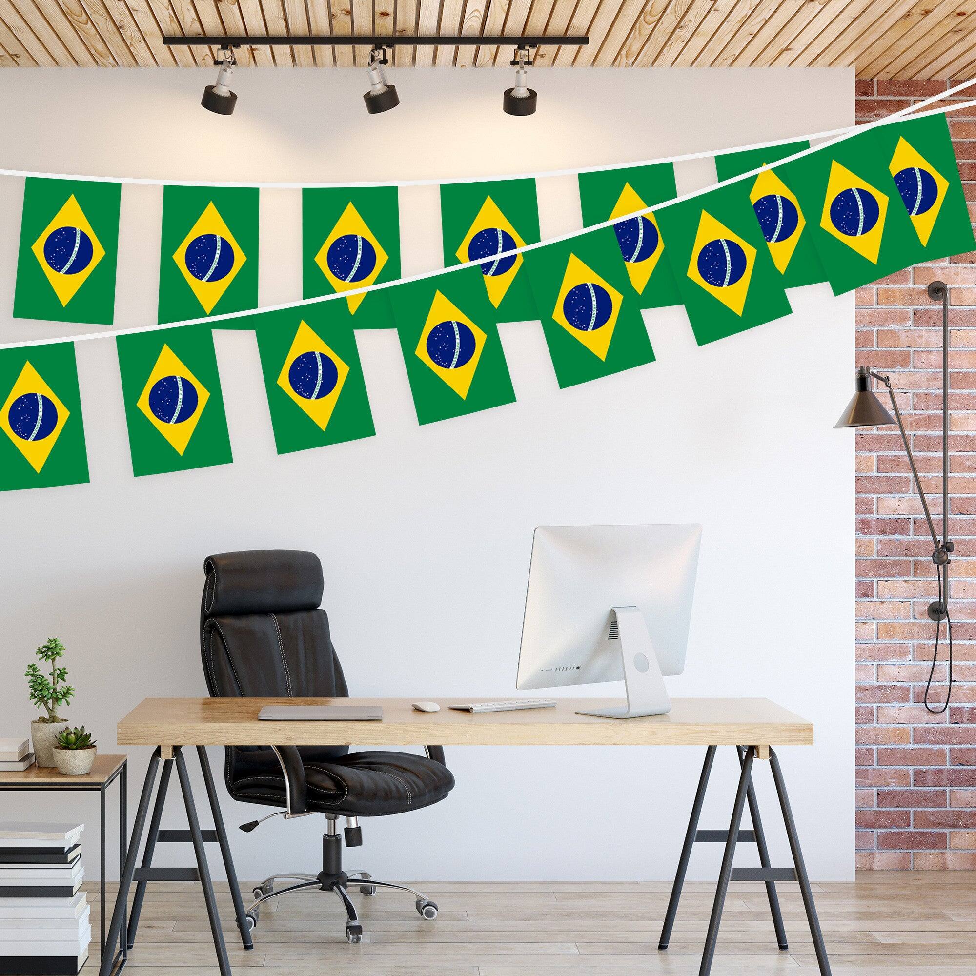 Left. G128 - Brazil Flag Bunting Banner, 33 ft String with 38 Mini Flags (8.2 x 5.5 in). - Assorted Colors.