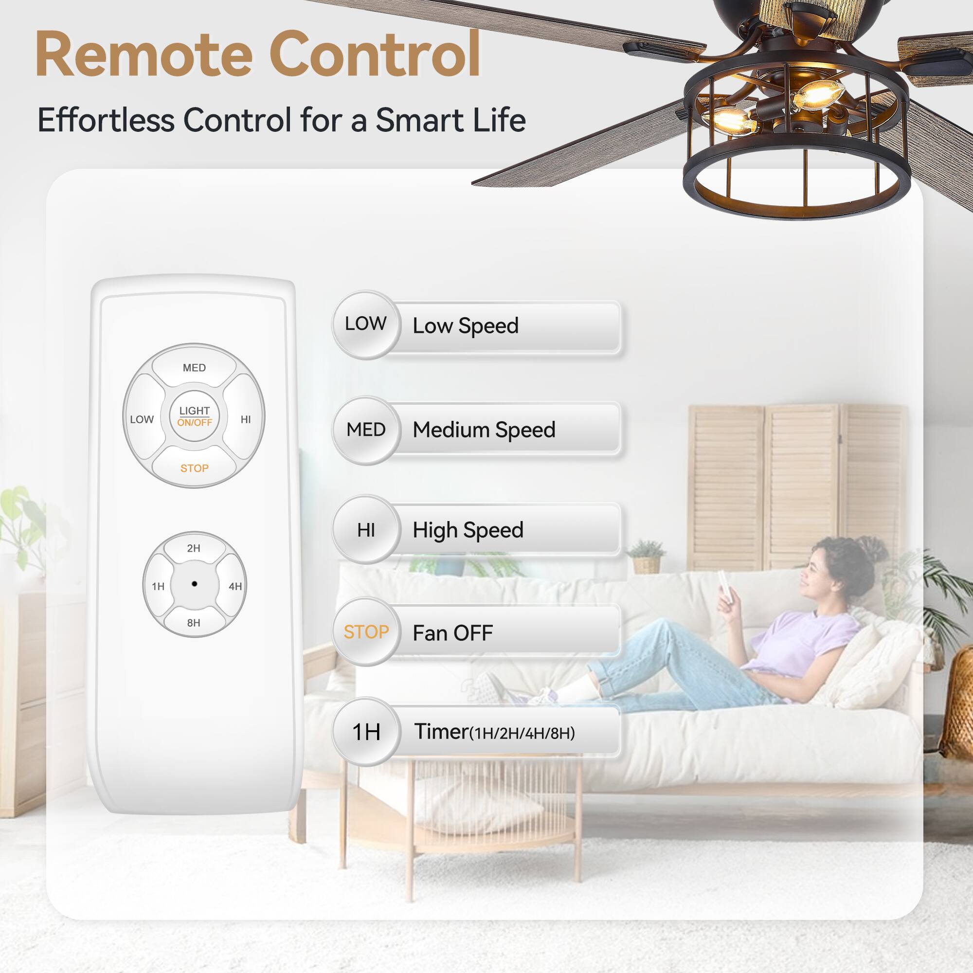 Remote Control Effortless Control for a Smart Life
LOW Low Speed
MED LOW LIGHT ON/OFF
HI MED Medium Speed
STOP 2H HI High Speed
1H 4H 8H STOP Fan OFF
1H Timer(1H/2H/4H/8H) Timer
