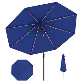 Gymax - 10 FT Solar Patio Umbrella w/96 Multi-colored LED Lights & 9 Modes Vented Top - Navy