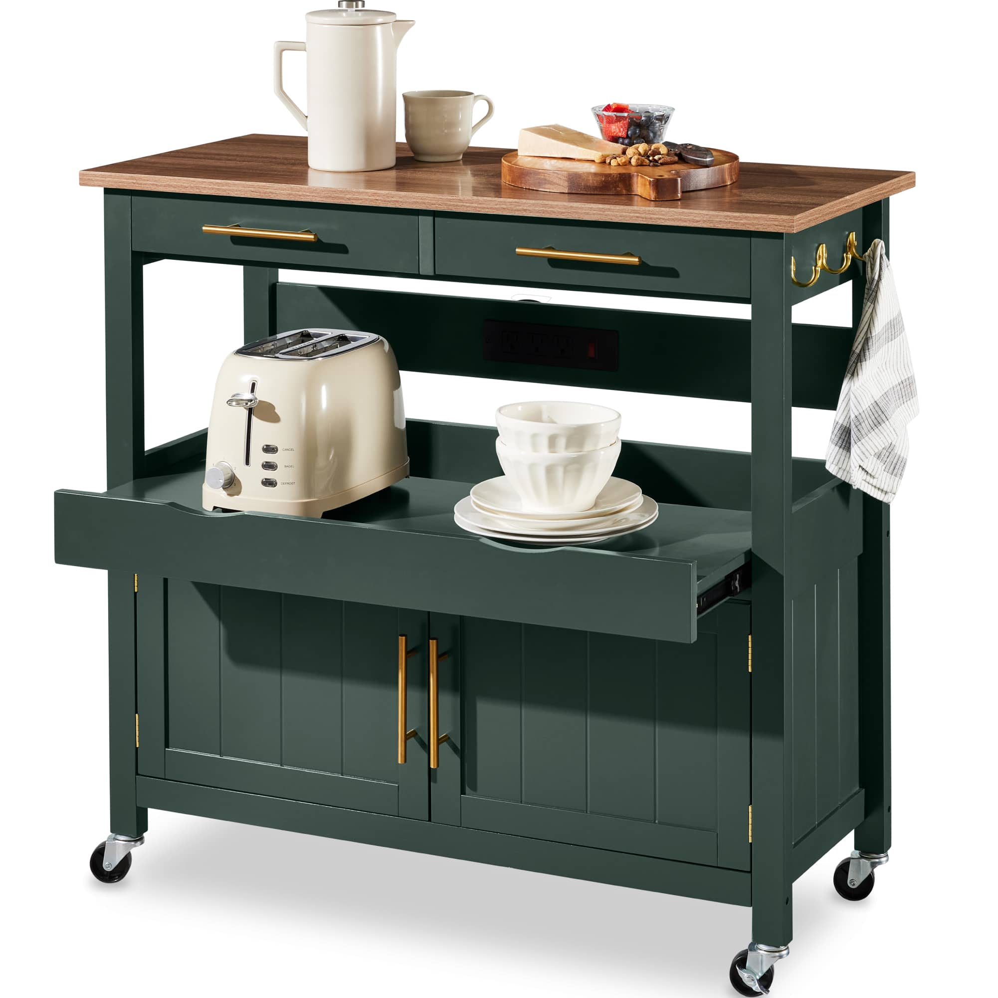 Best Choice Products - 36in Large Rolling Kitchen Island Cart, 2-Door Cabinet, Outlet, Hooks, & Wheels - Forest Green