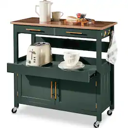 Best Choice Products - 36in Large Rolling Kitchen Island Cart, 2-Door Cabinet, Outlet, Hooks, & Wheels - Forest Green
