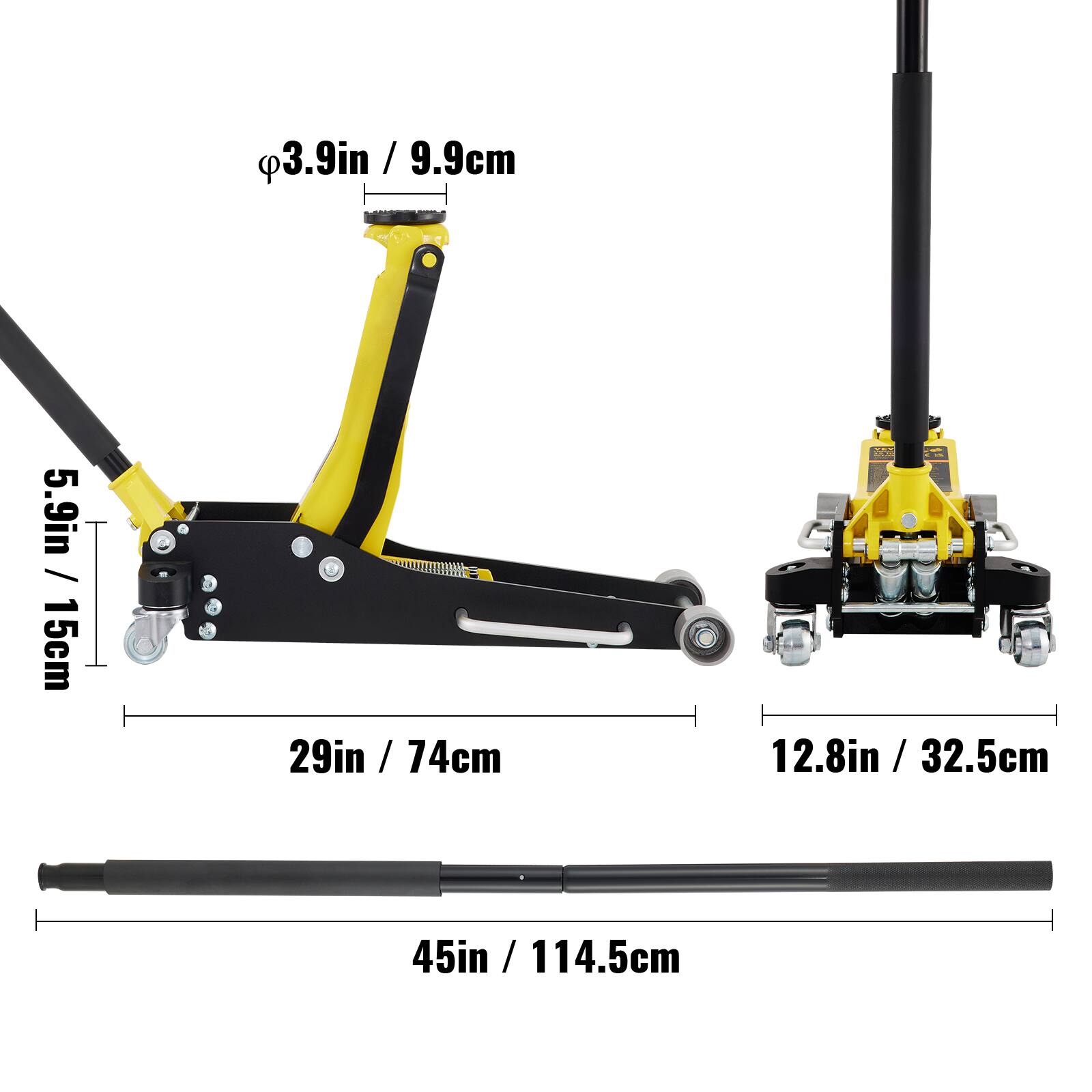 3.9in / 9.9cm  
5.9in / 15cm  
29in / 74cm  
12.8in / 32.5cm  
45in / 114.5cm