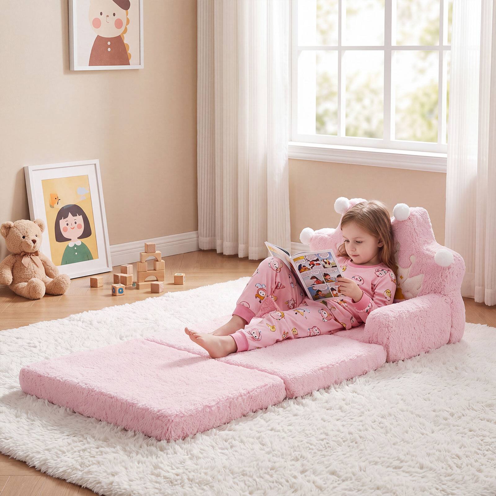 Alt View 3. Costway - Costway 2-in-1 Foldable Kids Sofa Bed Convertible Lounger with Crown Printed Designs Pink Crown - Pink Crown.
