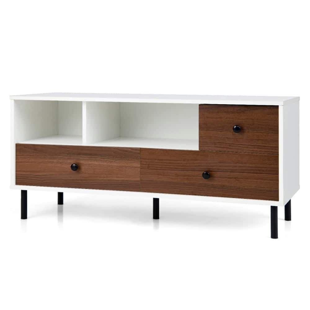Pefilos - Mid-Century TV Stand for 50-inch TVs with 2 Cubbies and 3 Drawers, Mid Century Modern TV Stand for Living Room Bedroom - White