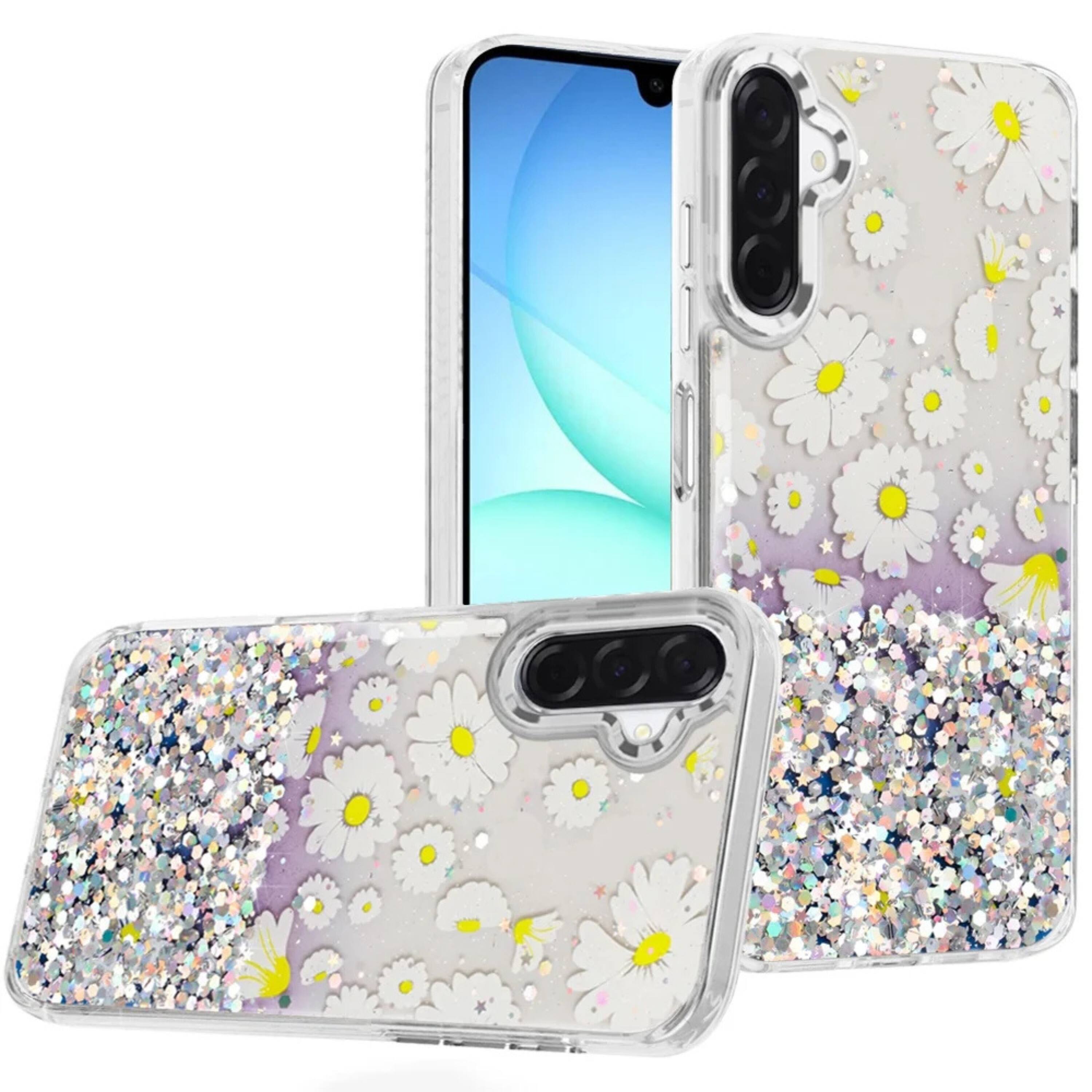 Front. Kitcheniva - Cute In Mold Design Phone Case With Metallic Buttons And Tempered Glass For Samsung A17 5G White Flower - White.
