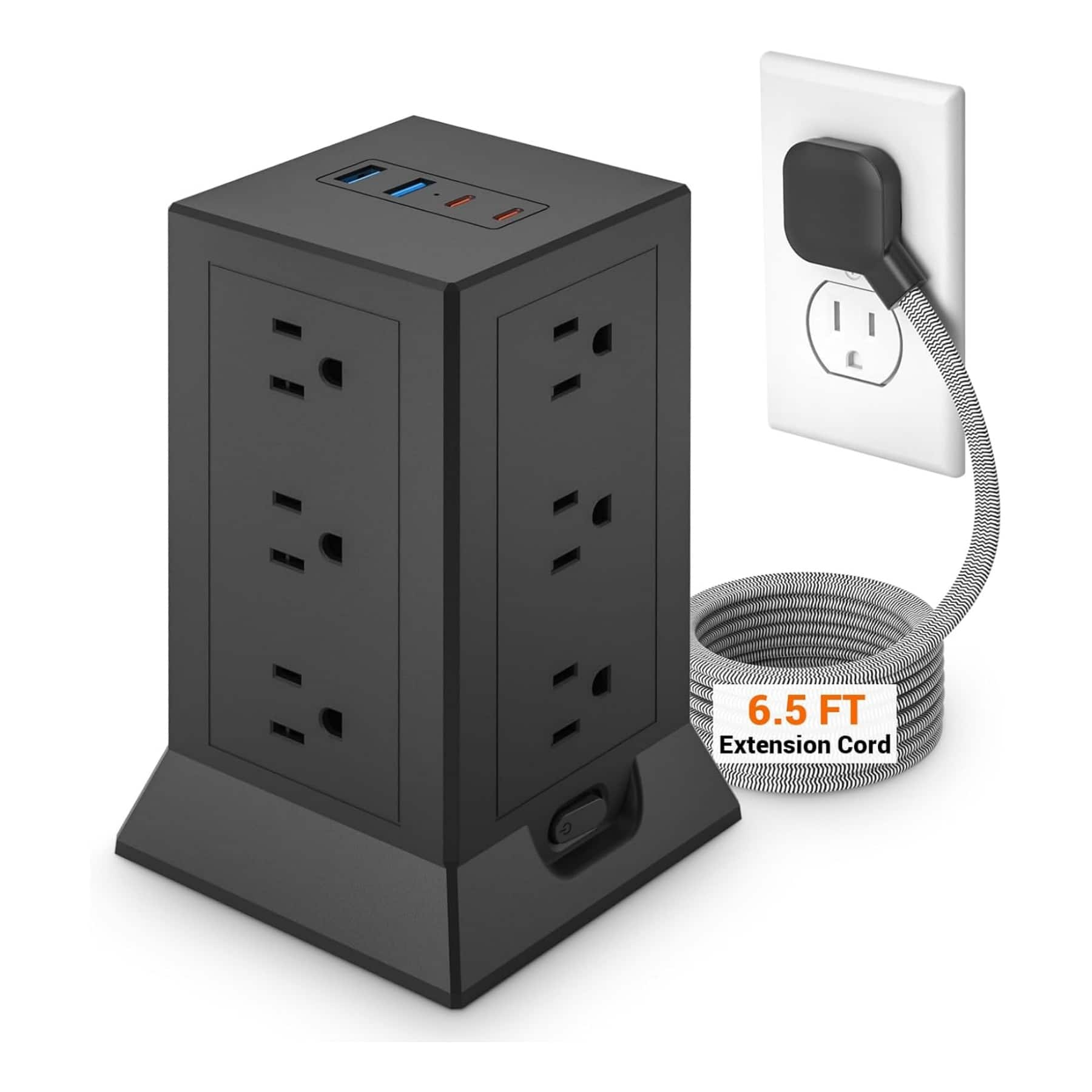 Dazzed Corner - Surge Protector Power Strip Tower, 12 AC Outlets, 4 USB Ports (2 USB-C), 6.5ft Cord - Black