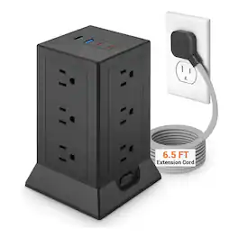 Dazzed Corner - Surge Protector Power Strip Tower, 12 AC Outlets, 4 USB Ports (2 USB-C), 6.5ft Cord - Black