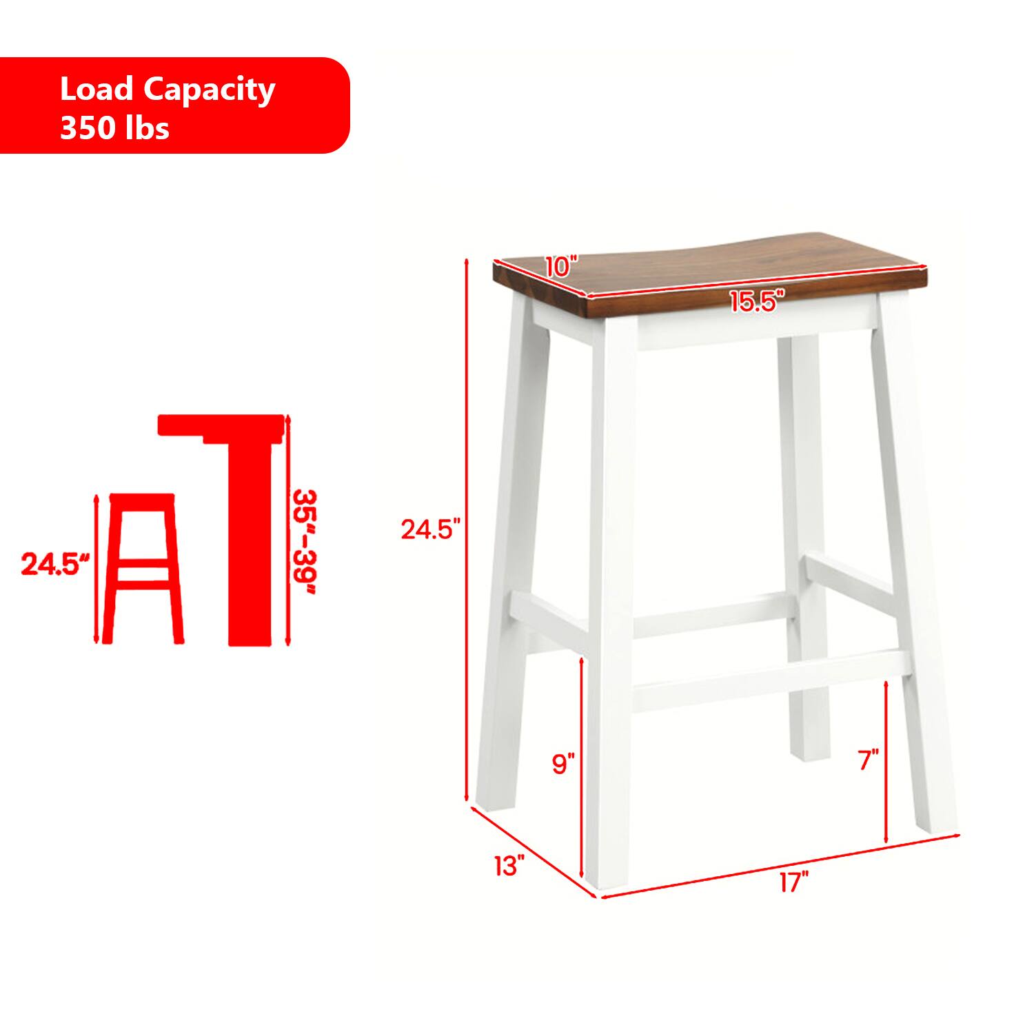 Load Capacity: 350 lbs

Dimensions:
- Height: 35"-39"
- Seat Width: 24.5"
- Seat Depth: 15.5"
- Seat Height: 24.5"
- Leg Width: 13"
- Leg Depth: 17"
- Footrest Width: 9"
- Footrest Depth: 7"