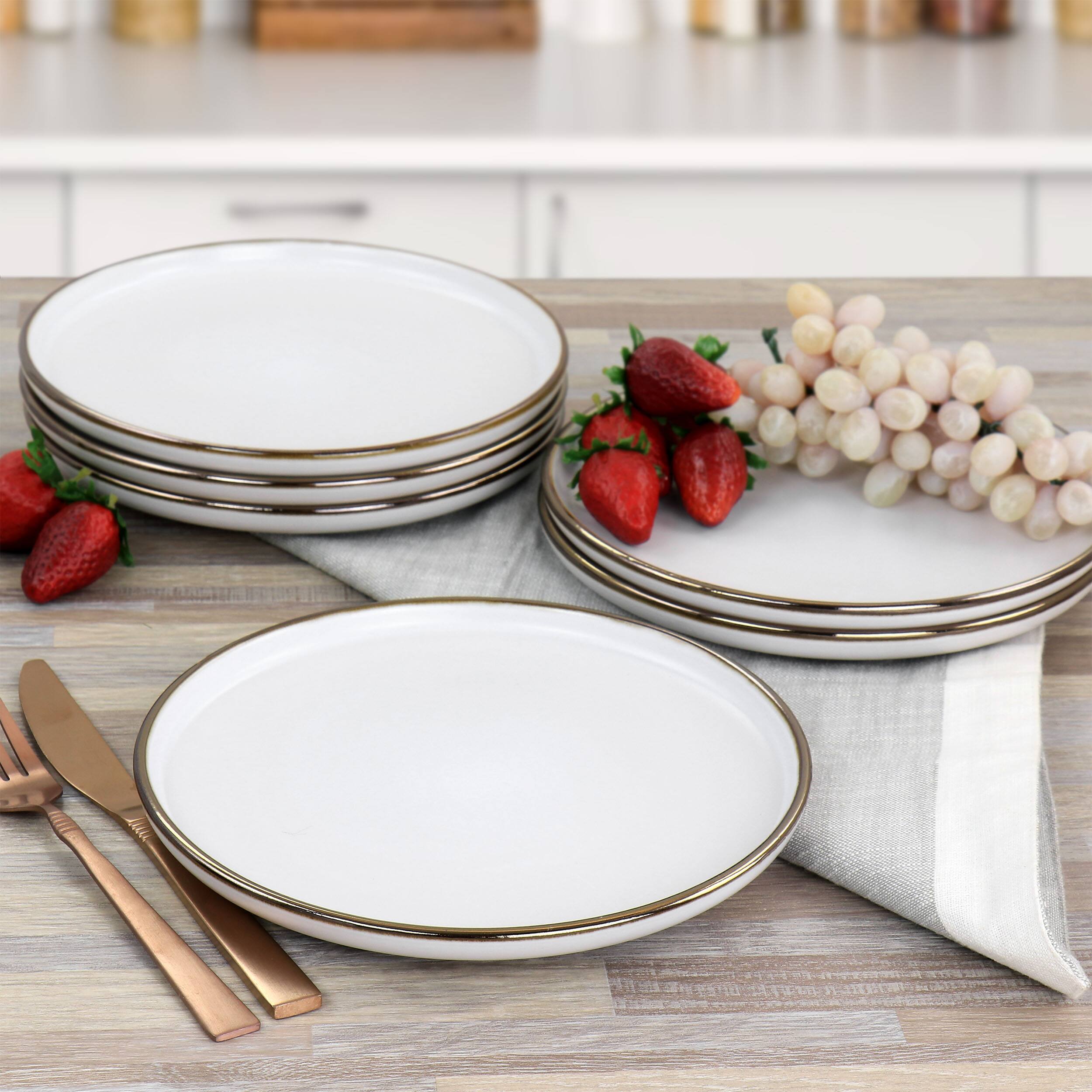 Alt View 2. Elama - Elama Arthur 6 Piece Stoneware Salad Plate Set in Matte White with Gold Rim - White.