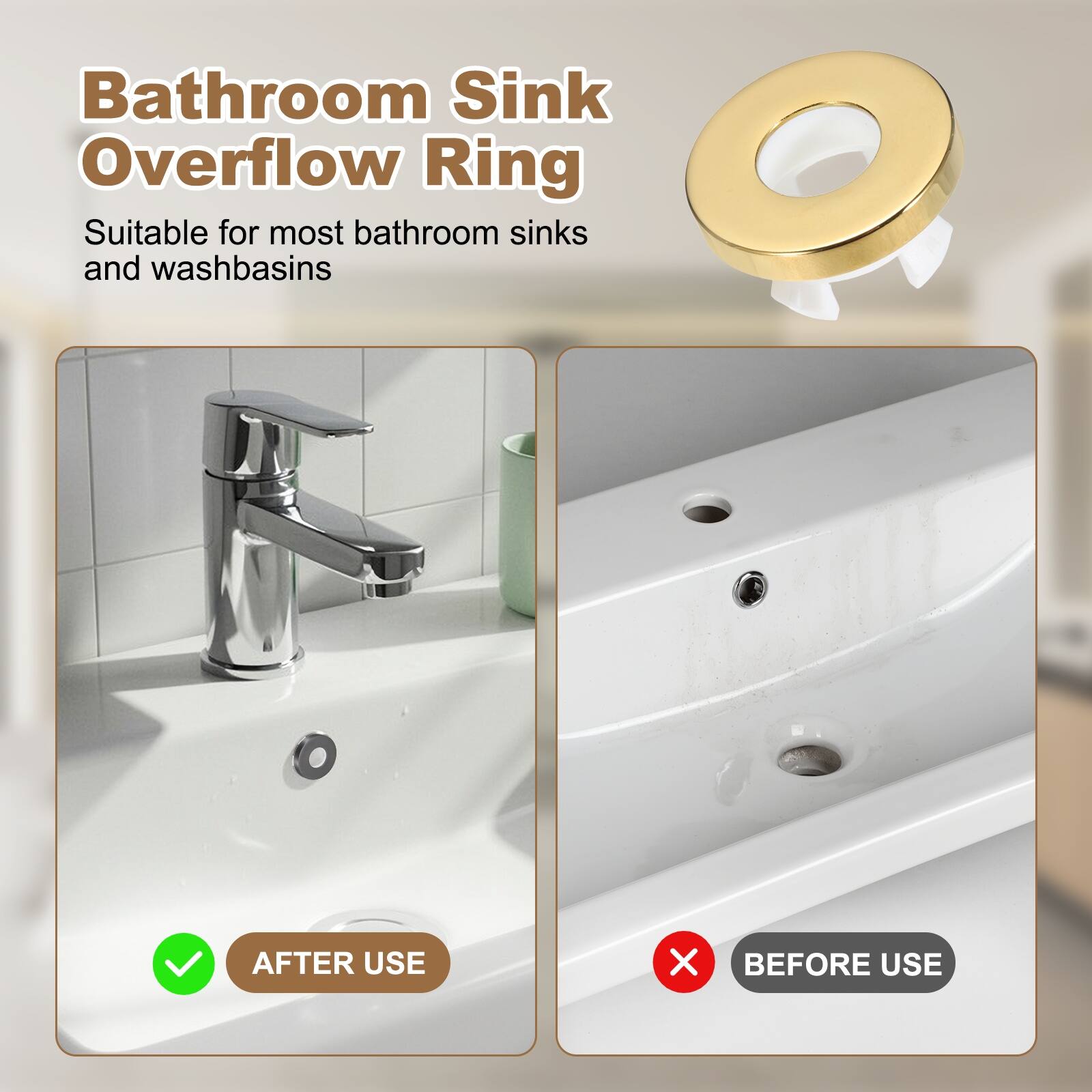 Bathroom Sink Overflow Ring

Suitable for most bathroom sinks and washbasins

AFTER USE

BEFORE USE