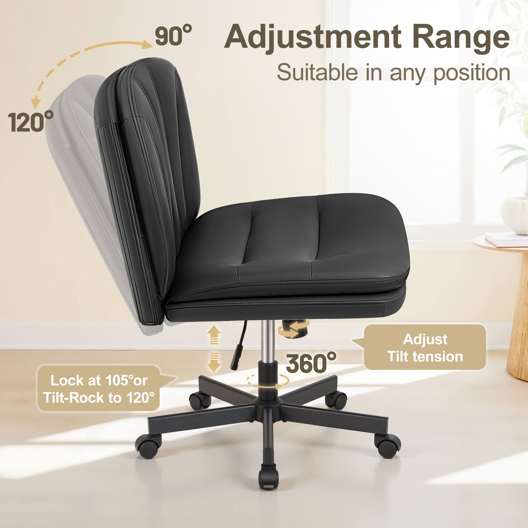 90° Adjustment Range Suitable in any position  
120° Lock at 105° or Tilt-Rock to 120°  
360° Adjust Tilt tension