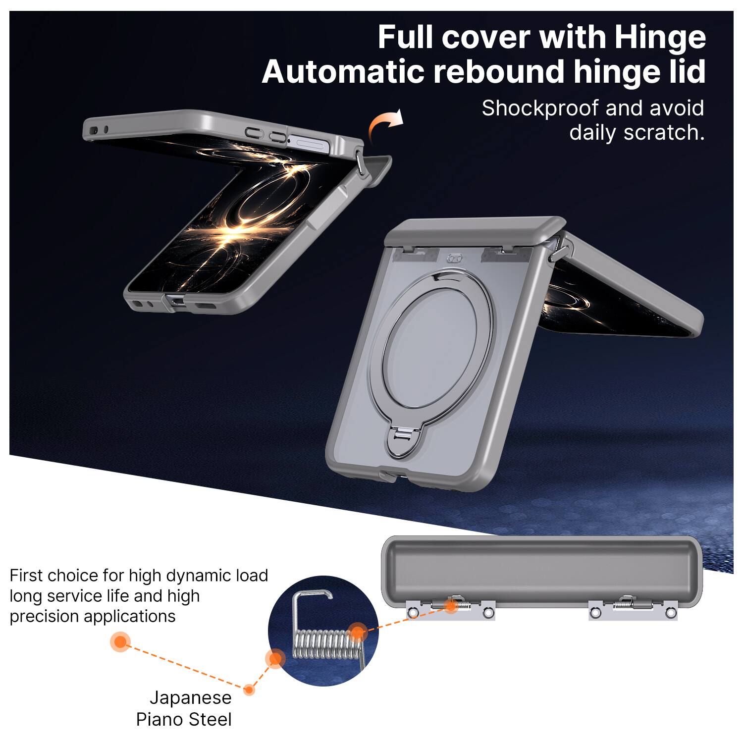 Full cover with Hinge Automatic rebound hinge lid  
Shockproof and avoid daily scratch.  

First choice for high dynamic load long service life and high precision applications  
Japanese Piano Steel