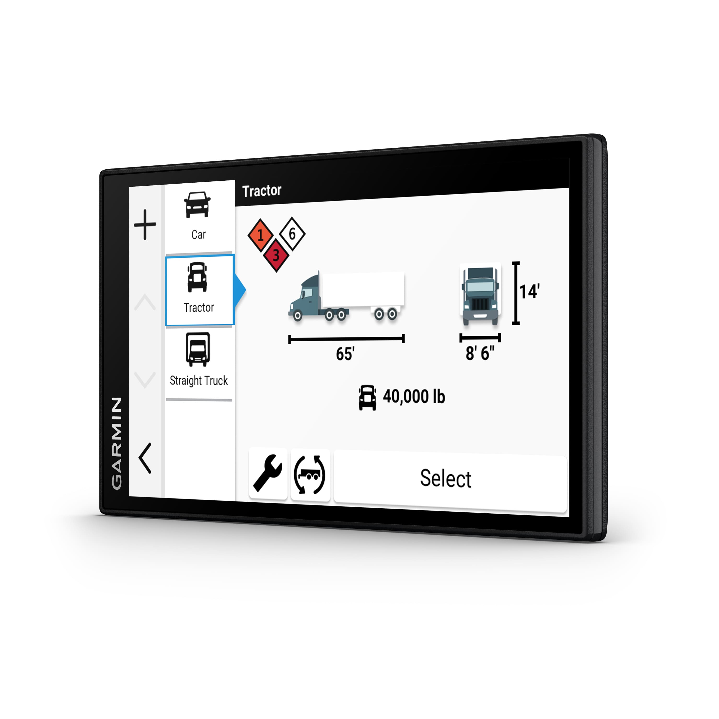 The text on the image is related to a Garmin device, which is displaying information about a tractor and a straight truck. The device is showing the dimensions and weight of the tractor and the straight truck. The tractor is 14 feet long, and the straight truck is 65 feet long with an 8-inch bed. The weight of the tractor is 40,000 pounds. The user can select the type of vehicle they want to use by choosing from the options provided on the screen.