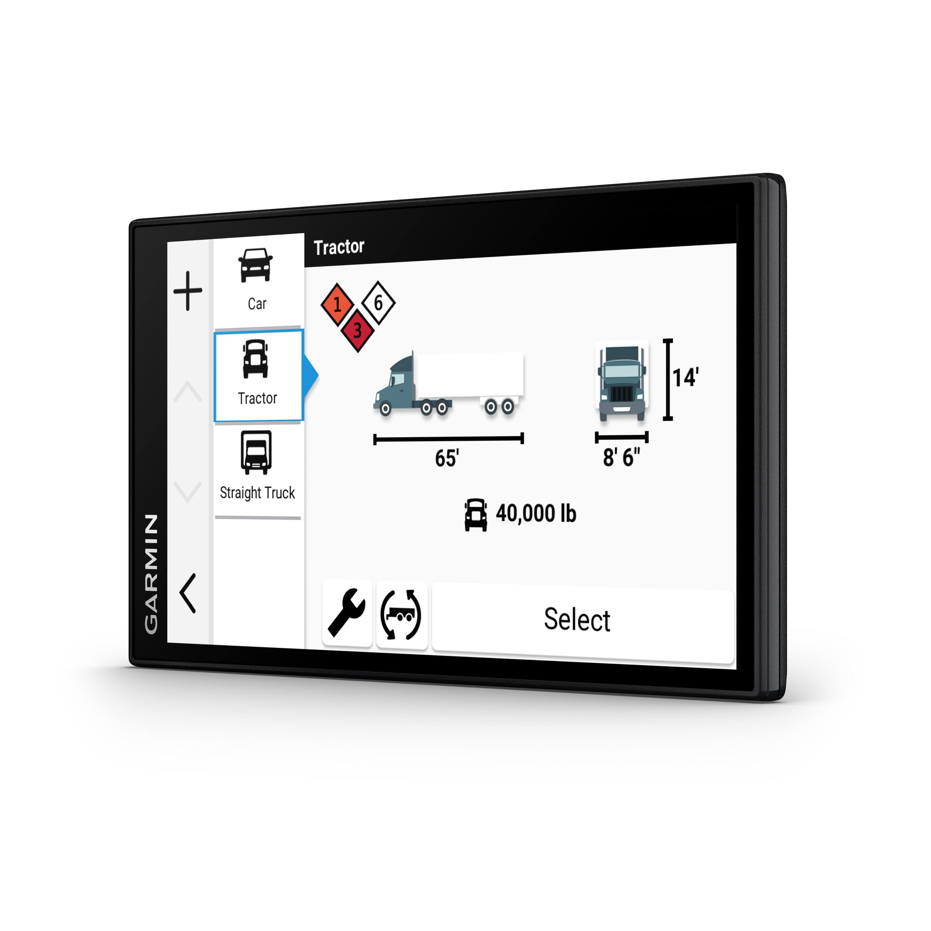 The text on the image is related to a Garmin device, which is displaying information about a tractor and a straight truck. The device is showing the dimensions and weight of the tractor and the straight truck. The tractor is 14 feet long, and the straight truck is 65 feet long with an 8-inch bed. The weight of the tractor is 40,000 pounds. The user can select the type of vehicle they want to use by choosing from the options provided on the screen.