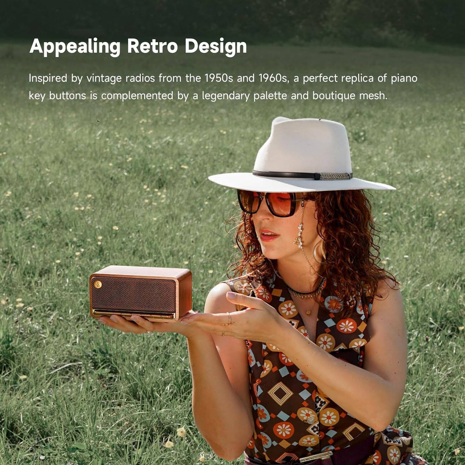 The image features a woman wearing a white hat and glasses, holding a small brown radio in her hands. The radio has a retro design, reminiscent of vintage radios from the 1950s and 1960s. The radio is equipped with piano key buttons, adding a touch of elegance and sophistication to its appearance. The woman's outfit and the overall scene create an appealing and nostalgic atmosphere.