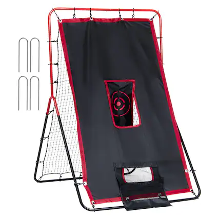 Front. VEVOR - Baseball And Softball Rebounder Net, 3.5 x 4.5 ft 2-in-1 Switch Hitter Pitch Trainer, PitchBack Baseball Pitching Nest - Red + black.
