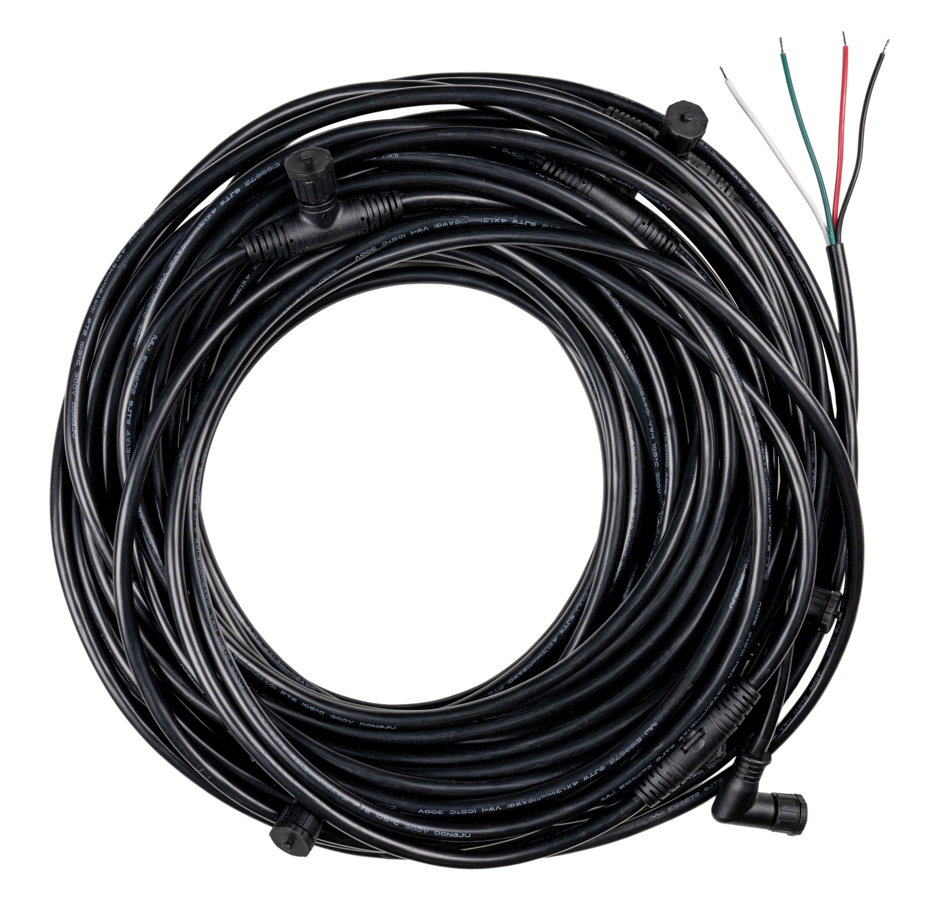 The image shows a black electrical cord with a connector on one end. The cord is wound up in a circular shape, and it appears to be a part of a larger electrical system. The cord is connected to a device, and it is likely used for powering or connecting to other electronic equipment.