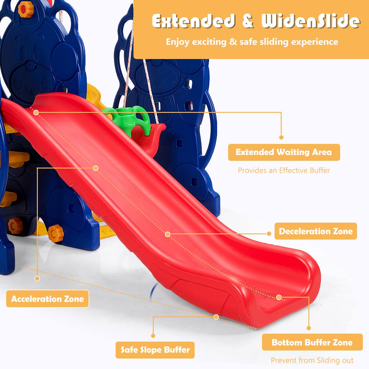Extended & WidenSlide
Enjoy exciting & safe sliding experience

Extended Waiting Area
Provides an Effective Buffer

Deceleration Zone
Acceleration Zone
Safe Slope Buffer
Bottom Buffer Zone
Prevent from Sliding out