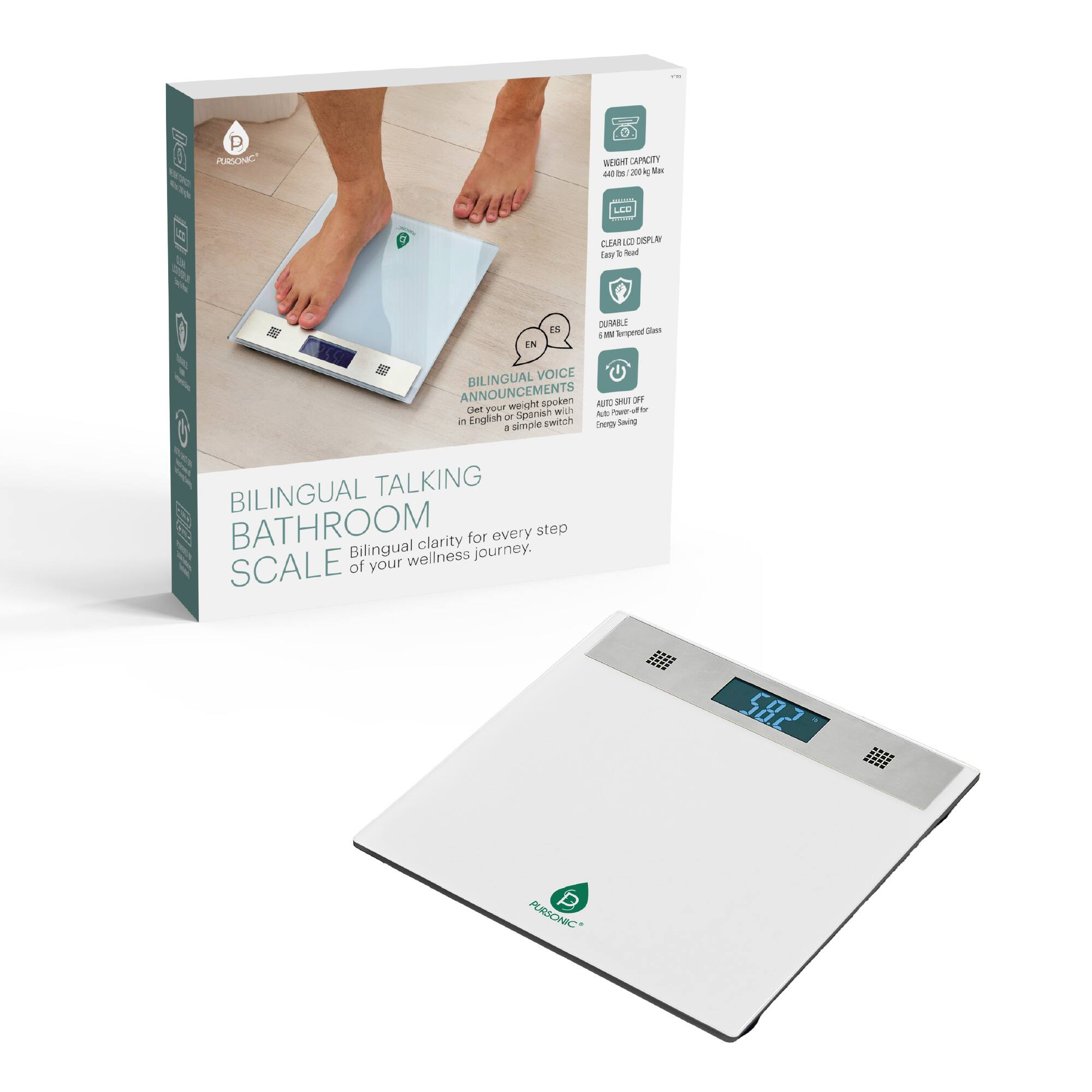 BILINGUAL TALKING BATHROOM SCALE, BILINGUAL VOICE ANNOUNCEMENTS spoken in English or Spanish, AUTO SHIFT OFF, WEIGHT CAPACITY 400 lbs / 200 kg, CLEAR LCD DISPLAY, DURABLE Tempered Glass, BILINGUAL clarity for every step of your wellness journey.