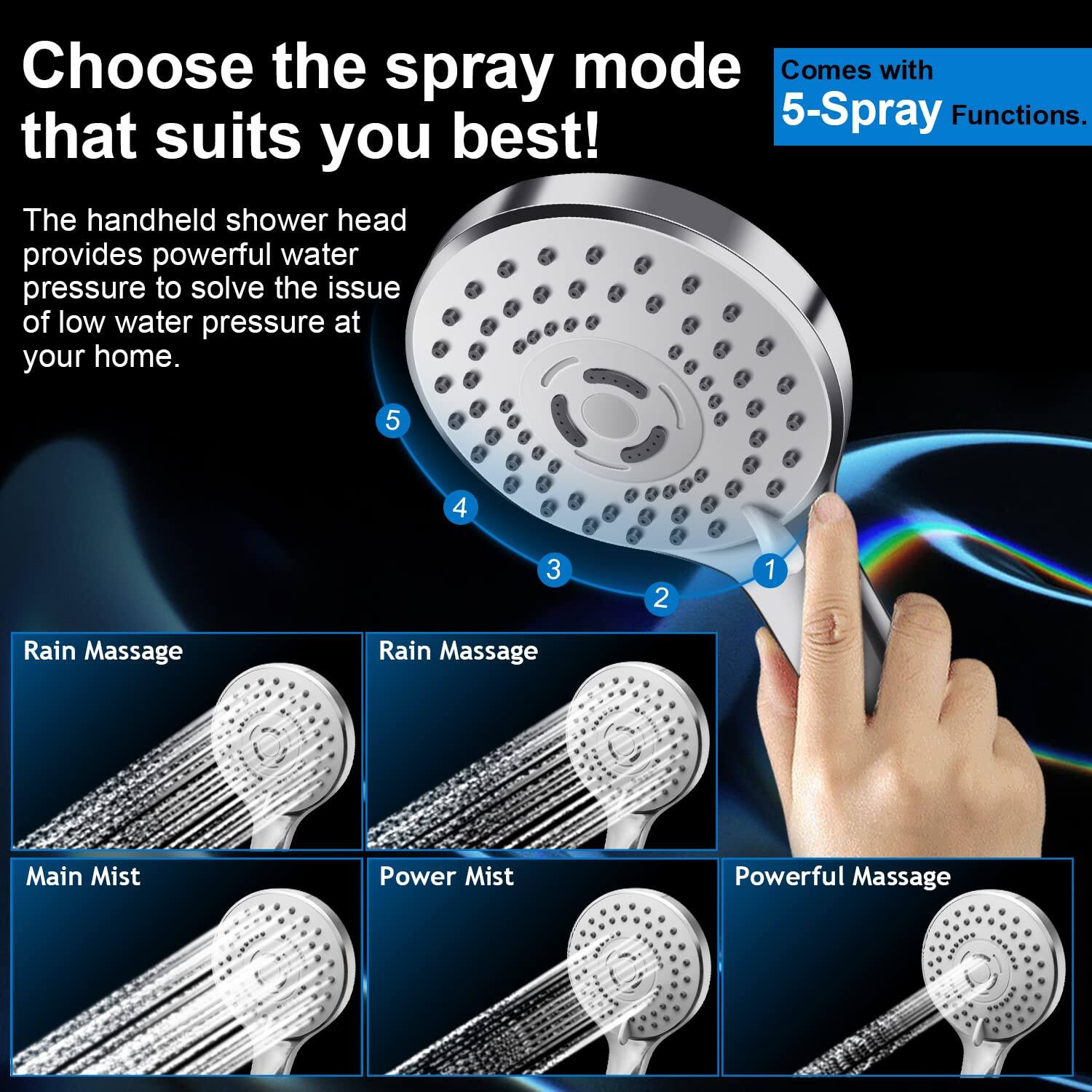 Choose the spray mode that suits you best!

Comes with 5-Spray Functions.

The handheld shower head provides powerful water pressure to solve the issue of low water pressure at your home.

1. Rain Massage
2. Main Mist
3. Power Mist
4. Powerful Massage
5. Rain Massage